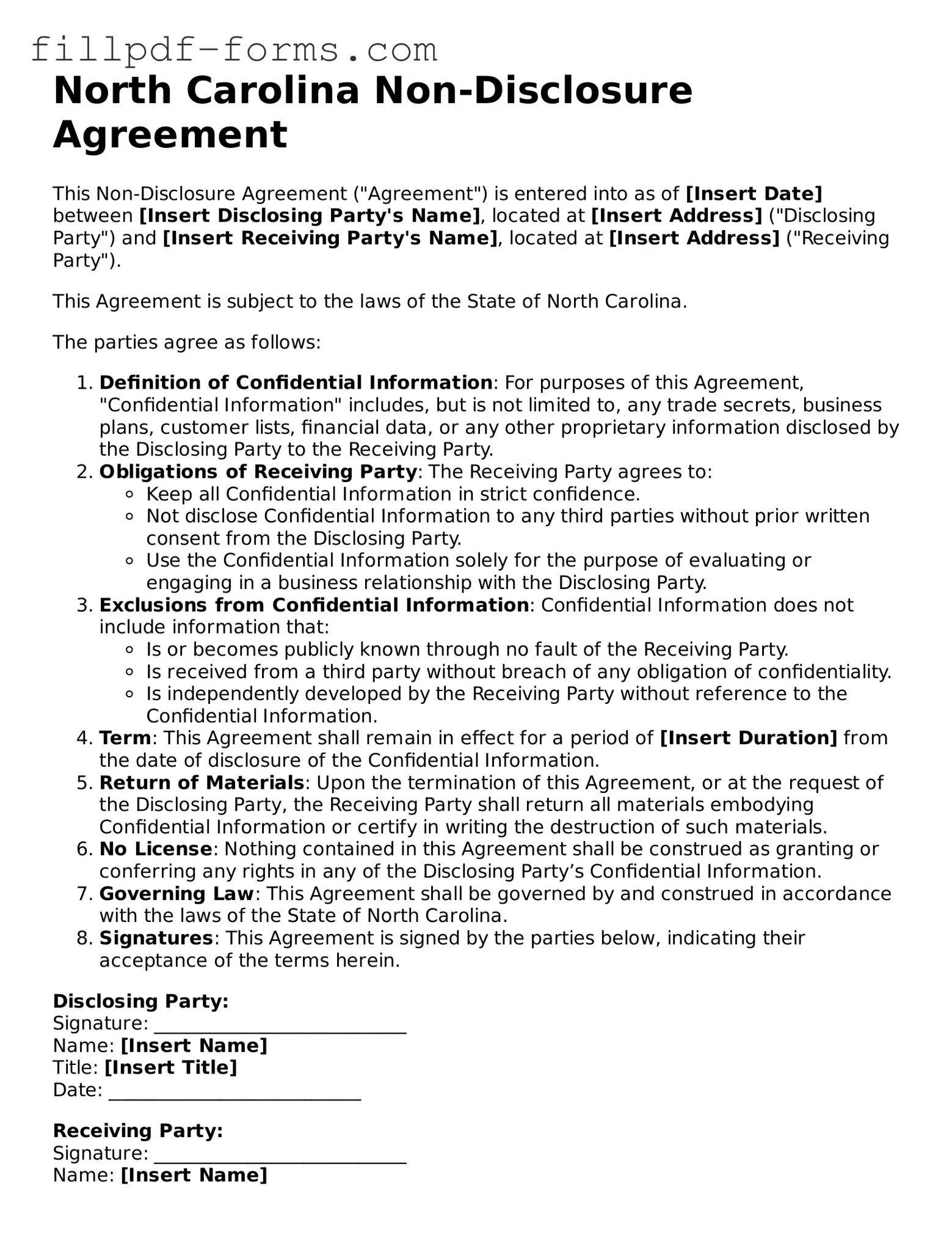 Fillable Non-disclosure Agreement Template for the State of North Carolina
