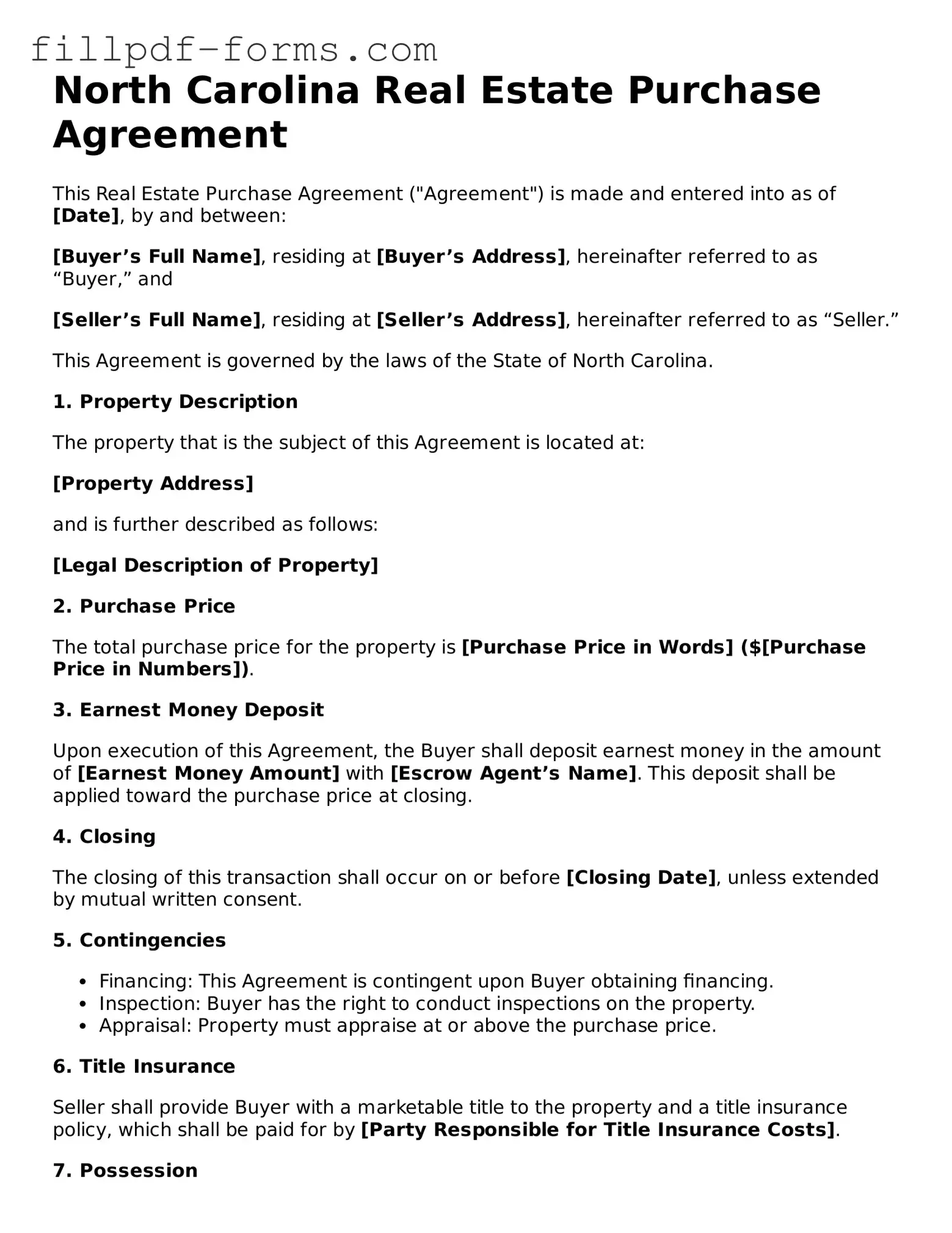Fillable Real Estate Purchase Agreement Template for the State of North Carolina