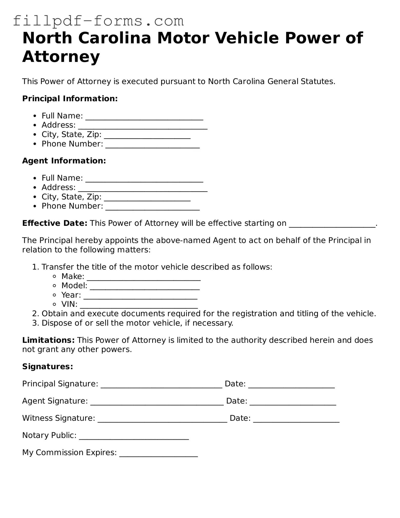 Fillable Motor Vehicle Power of Attorney Template for the State of North Carolina