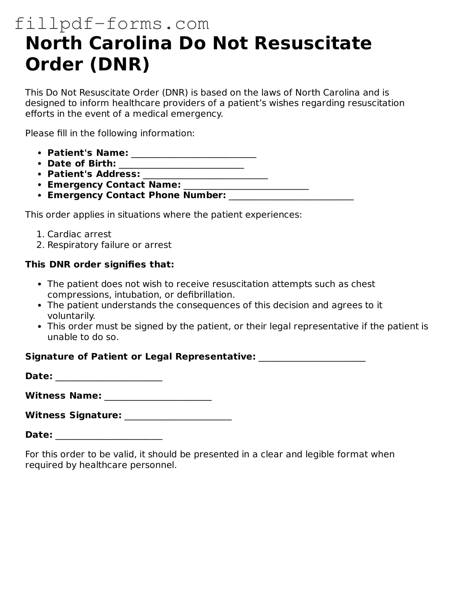 Fillable Do Not Resuscitate Order Template for the State of North Carolina