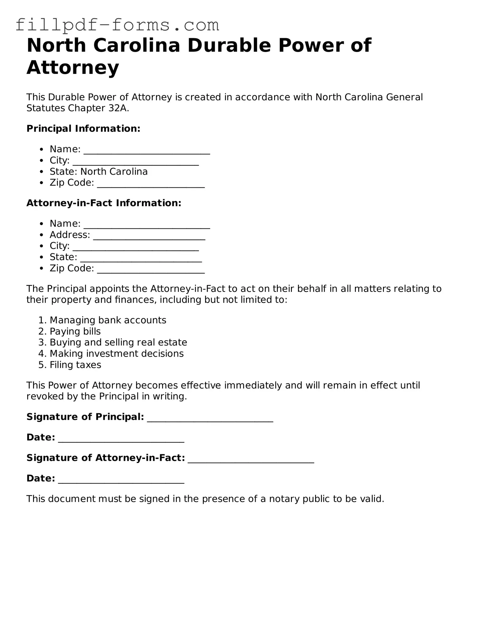 Fillable Durable Power of Attorney Template for the State of North Carolina