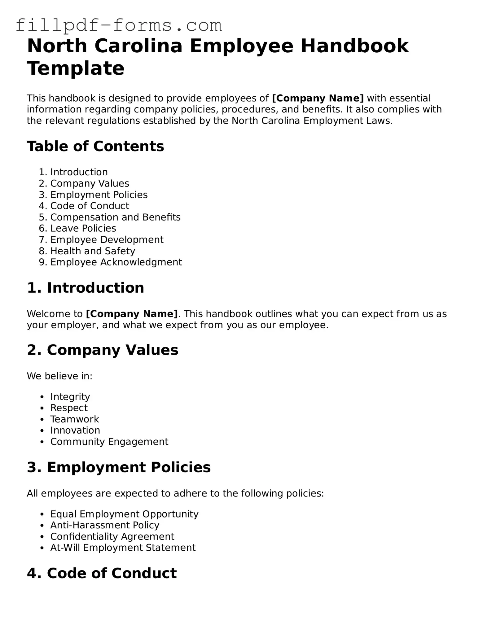 Fillable Employee Handbook Template for the State of North Carolina