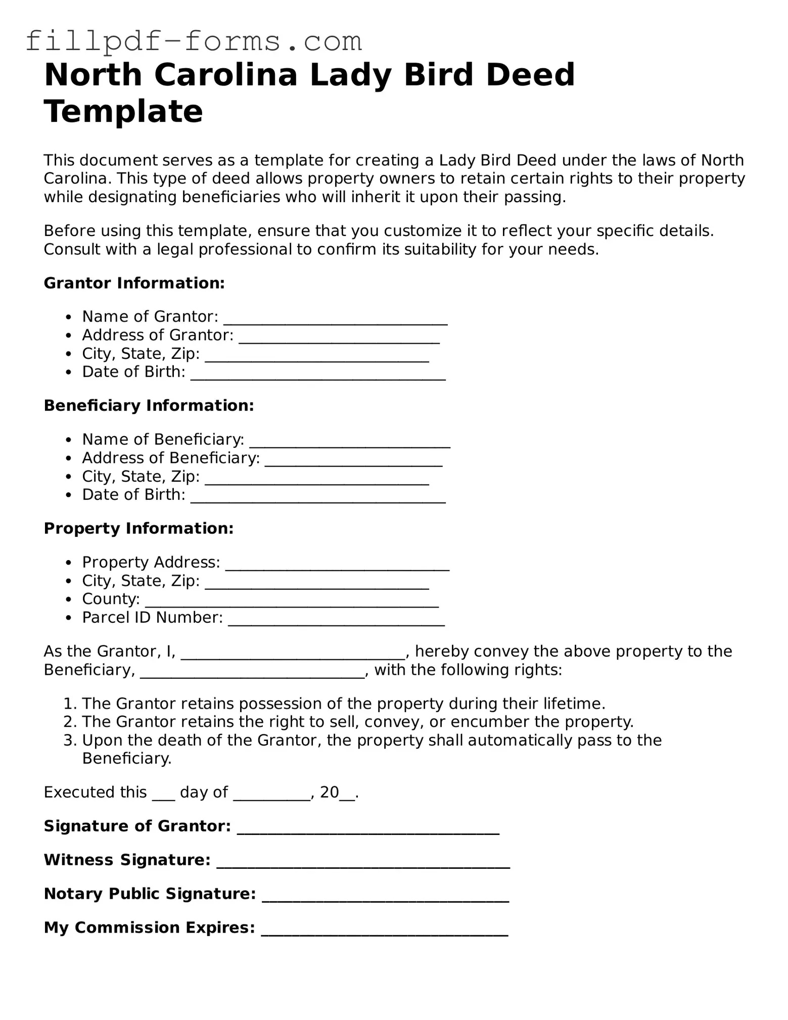 Fillable Lady Bird Deed Template for the State of North Carolina