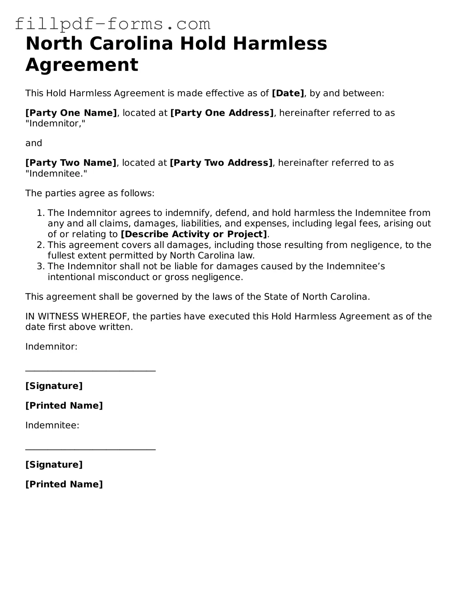 Fillable Hold Harmless Agreement Template for the State of North Carolina