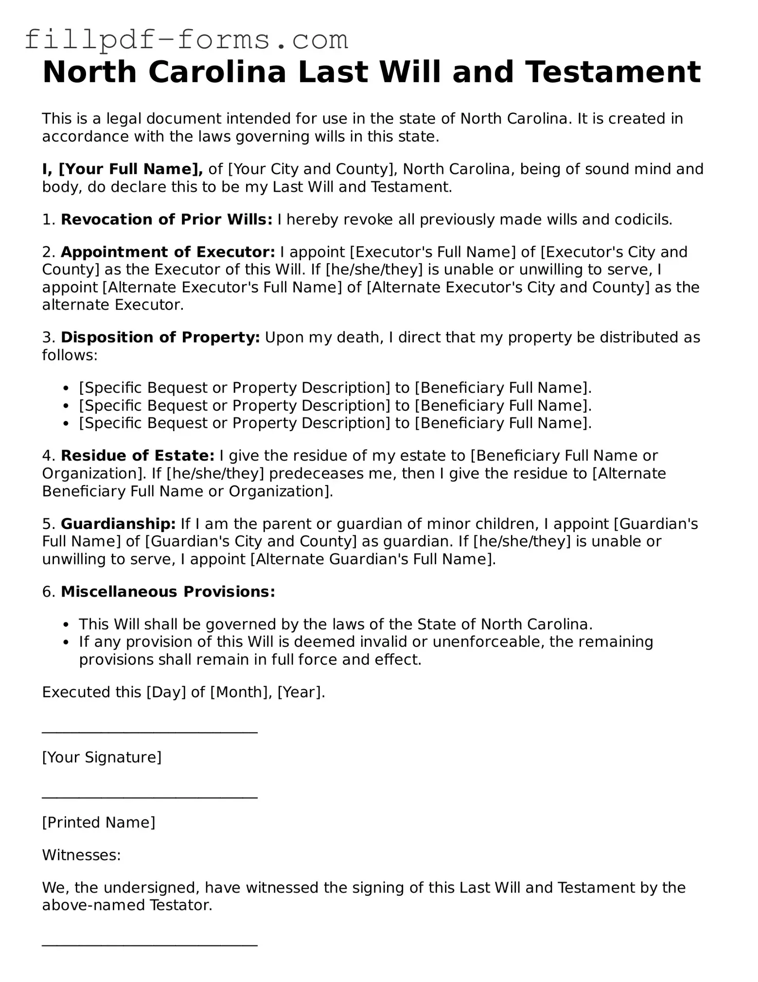 Fillable Last Will and Testament Template for the State of North Carolina
