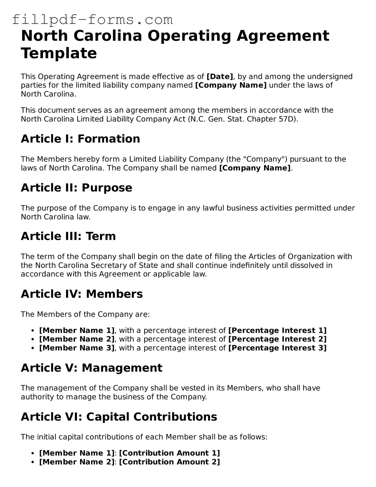 Fillable Operating Agreement Template for the State of North Carolina