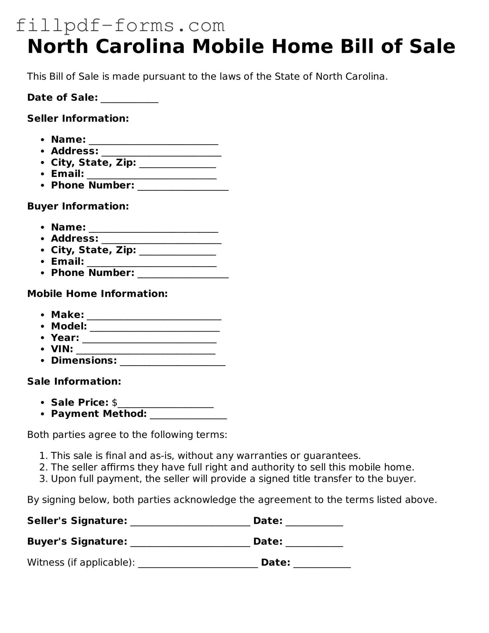 Fillable Mobile Home Bill of Sale Template for the State of North Carolina