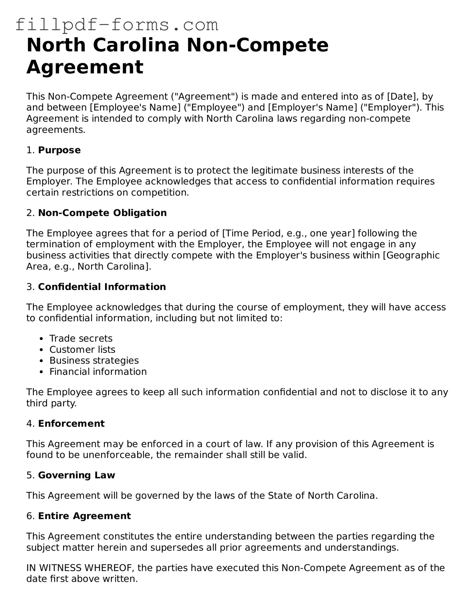Fillable Non-compete Agreement Template for the State of North Carolina