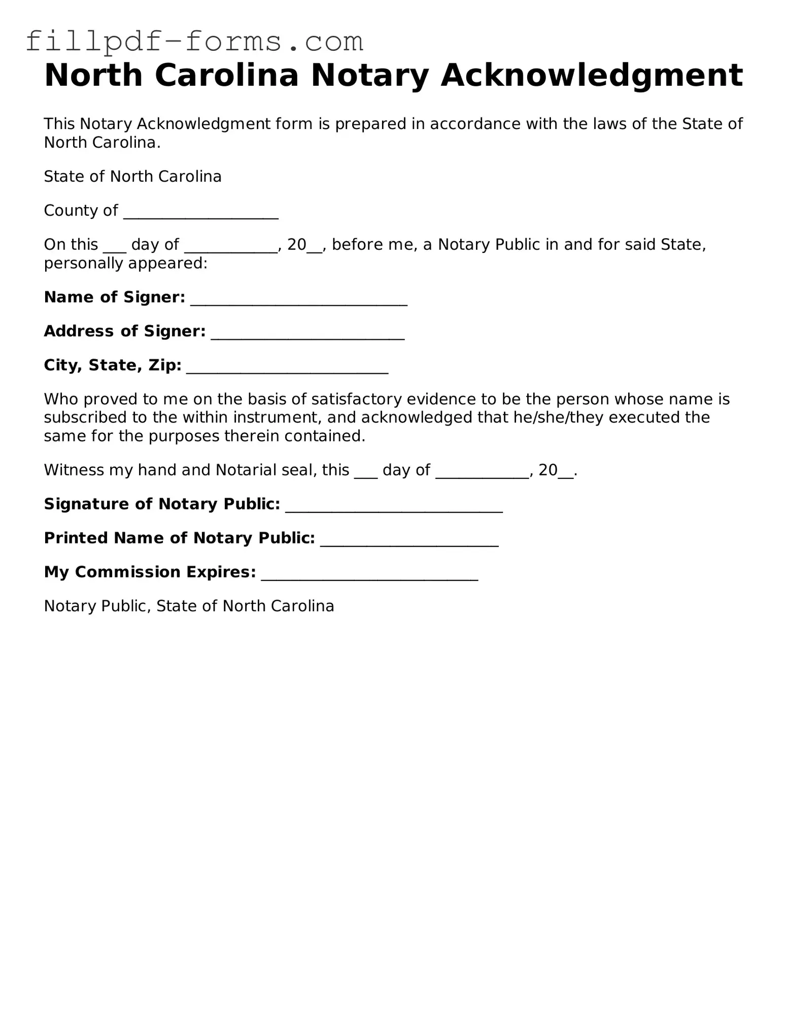 Fillable Notary Acknowledgement Template for the State of North Carolina