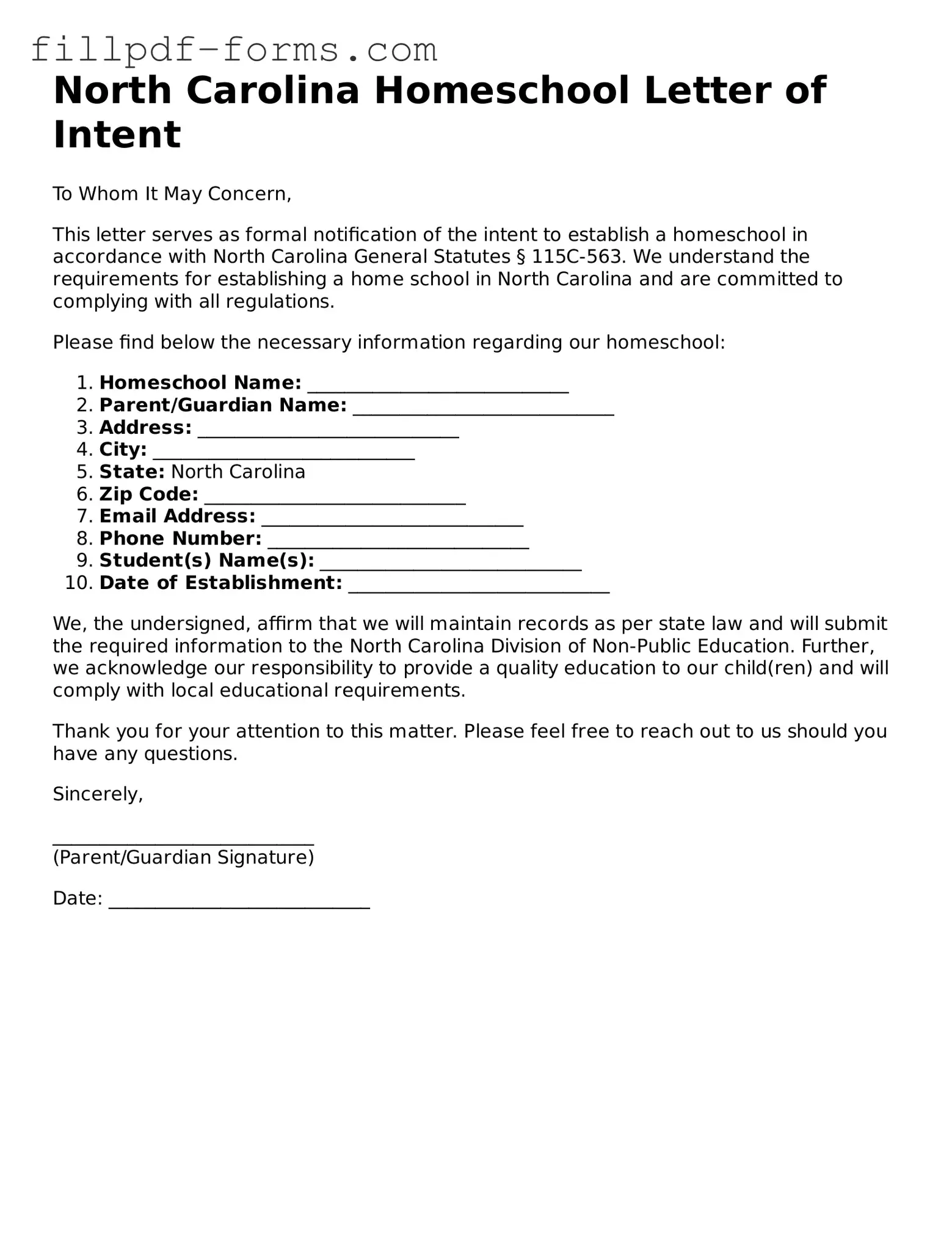 Fillable Homeschool Letter of Intent Template for the State of North Carolina