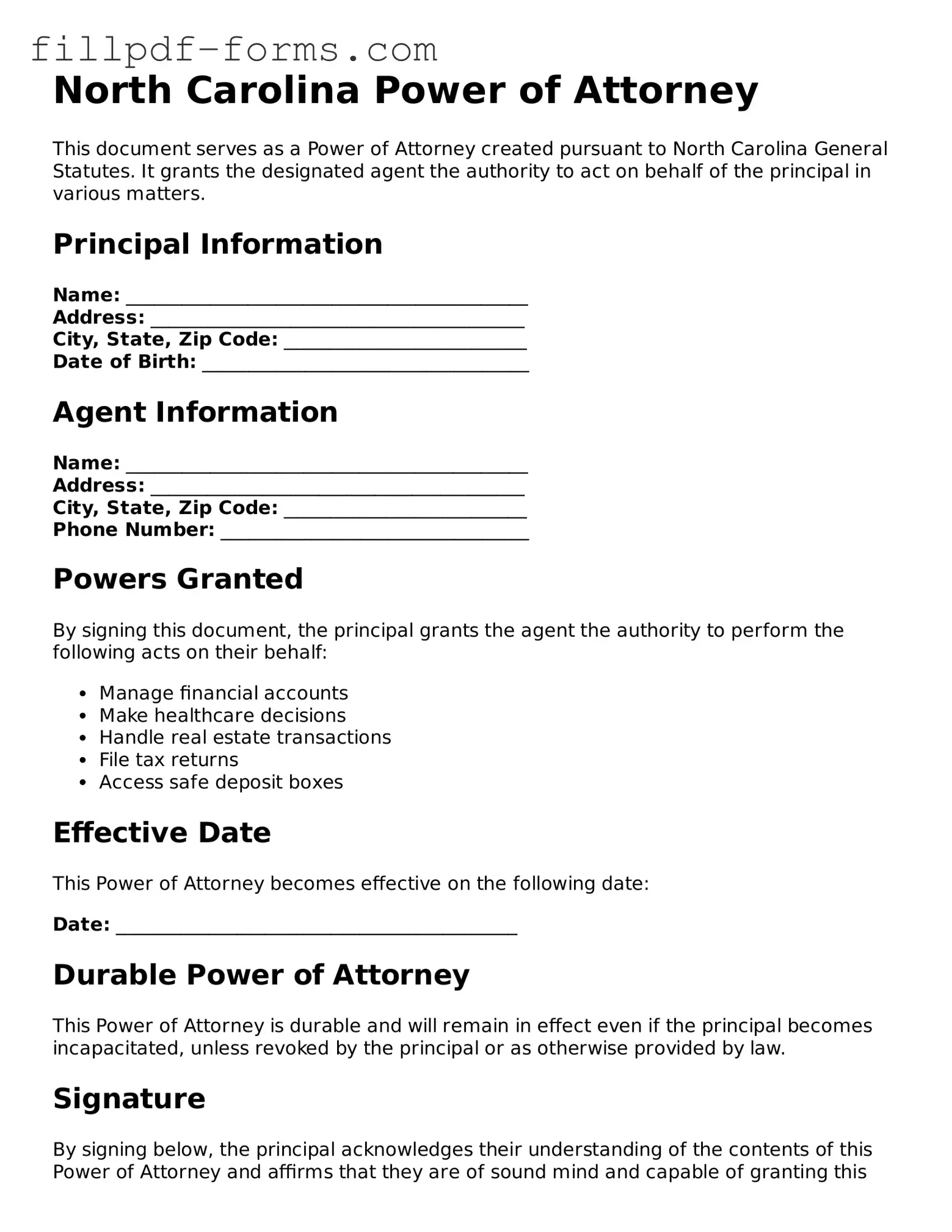 Fillable Power of Attorney Template for the State of North Carolina