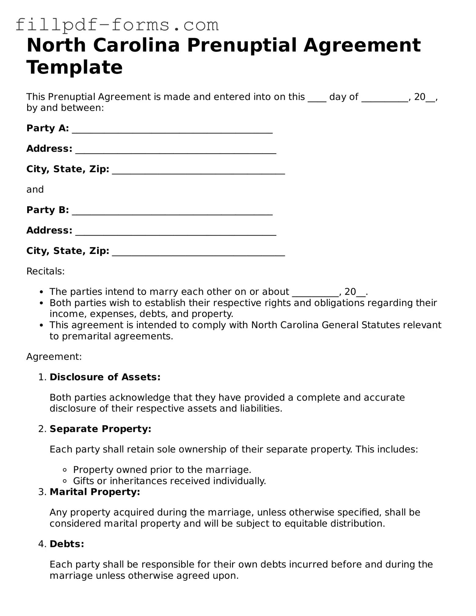 Fillable Prenuptial Agreement Template for the State of North Carolina