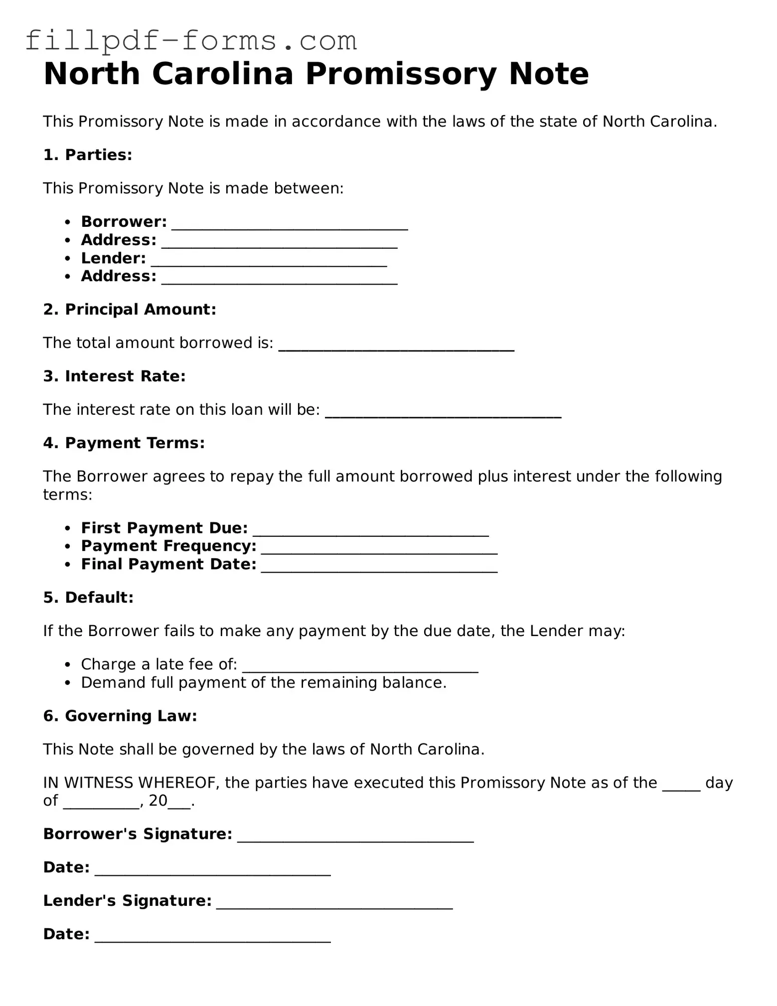 Fillable Promissory Note Template for the State of North Carolina
