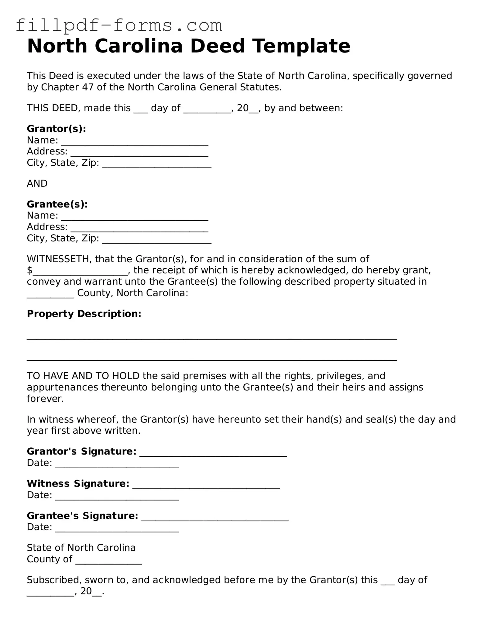 Fillable Deed Template for the State of North Carolina
