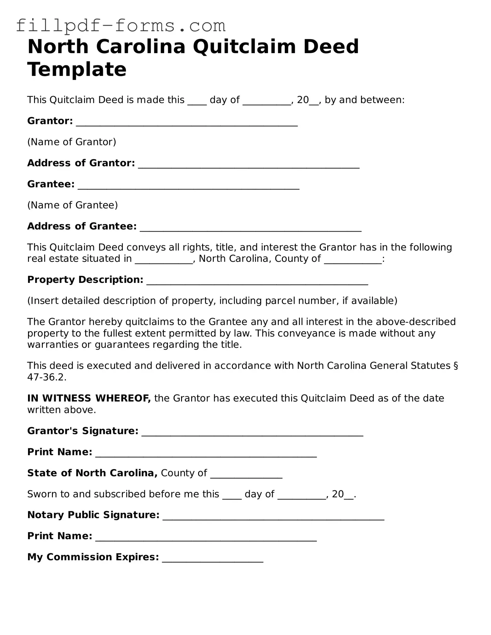 Fillable Quitclaim Deed Template for the State of North Carolina