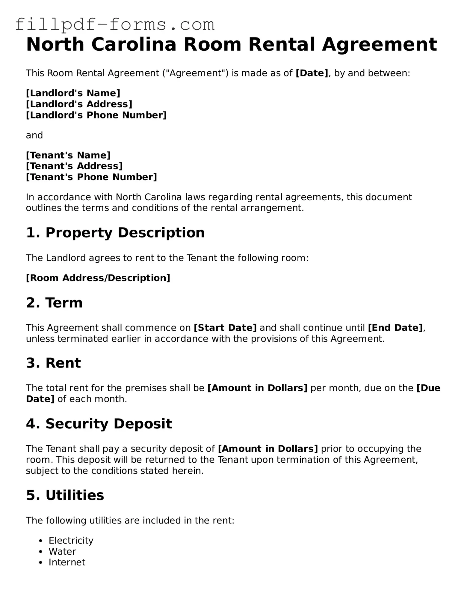 Fillable Room Rental Agreement Template for the State of North Carolina