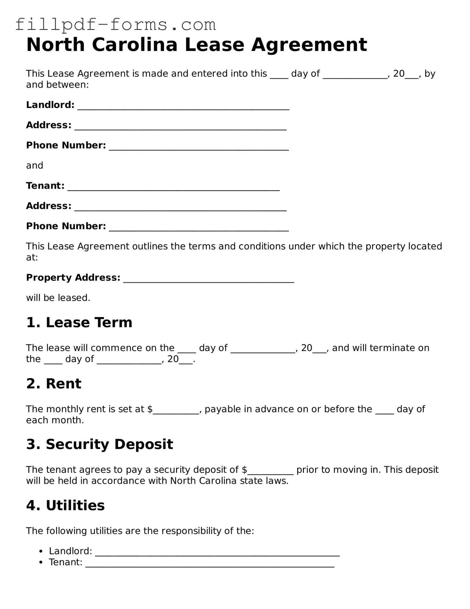 Fillable Lease Agreement Template for the State of North Carolina