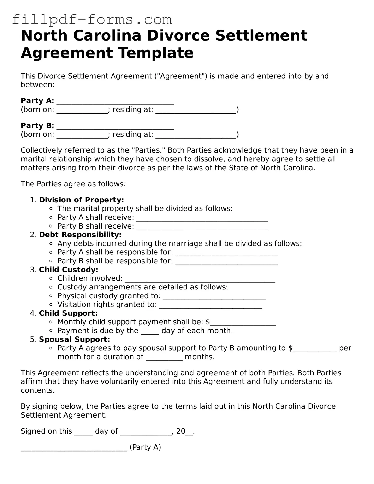 Fillable Divorce Settlement Agreement Template for the State of North Carolina