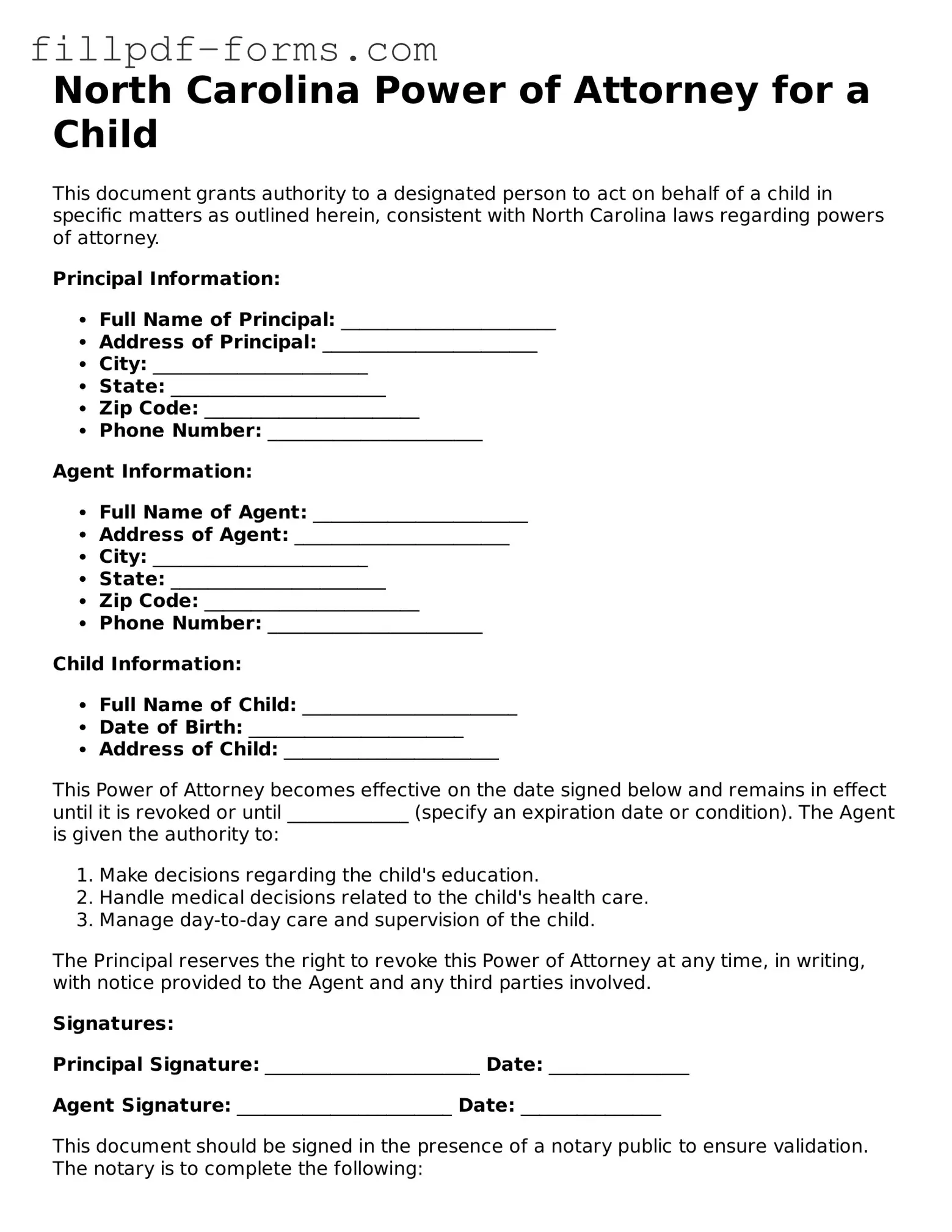 Fillable Power of Attorney for a Child Template for the State of North Carolina