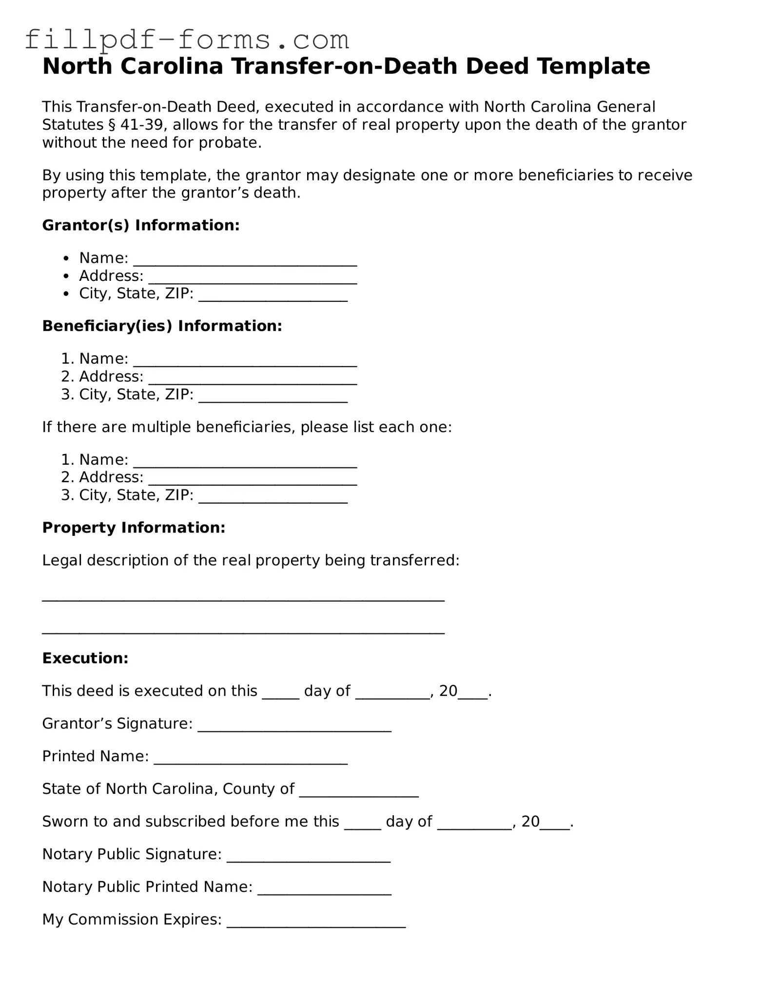 Fillable Transfer-on-Death Deed Template for the State of North Carolina