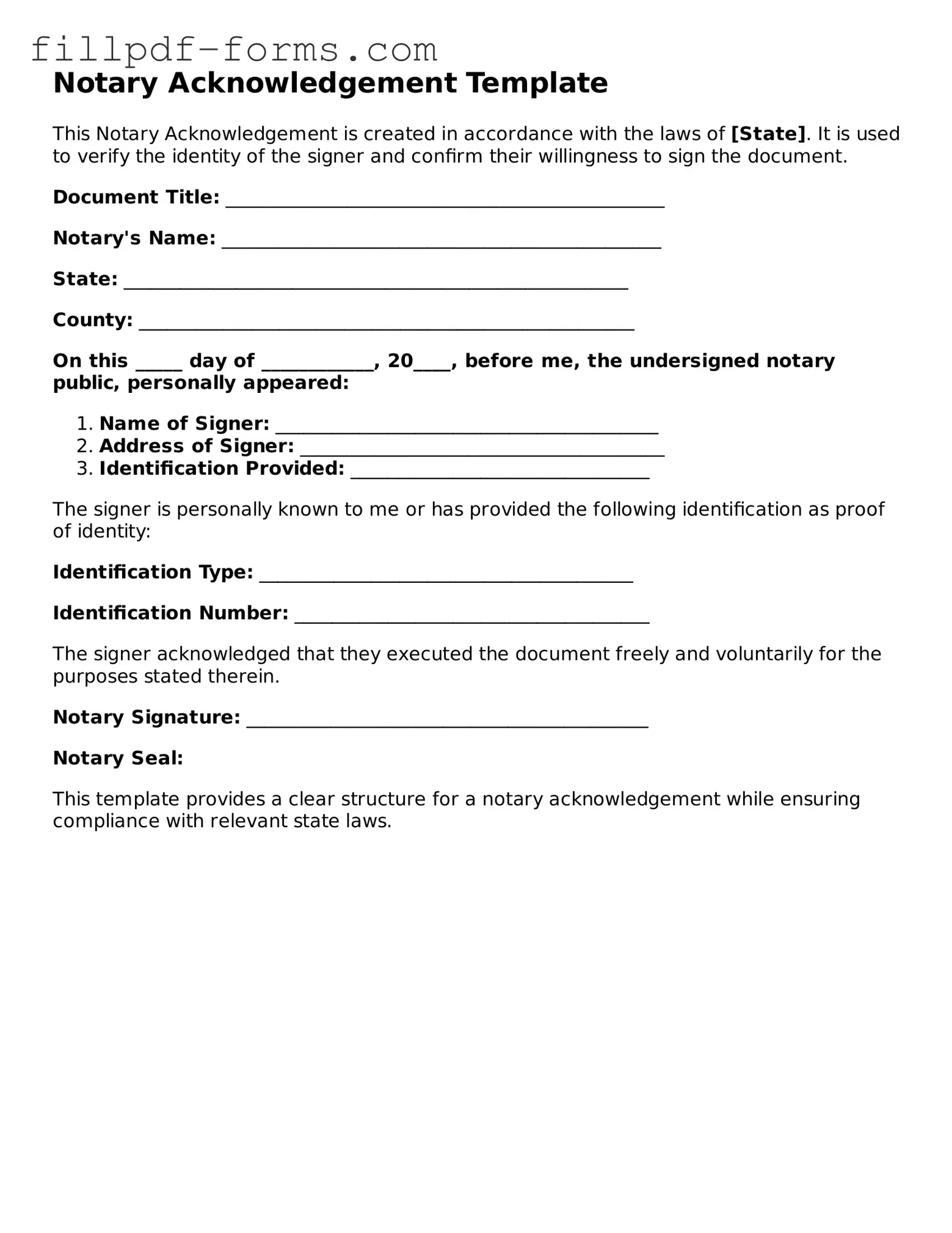 Fillable Notary Acknowledgement Template