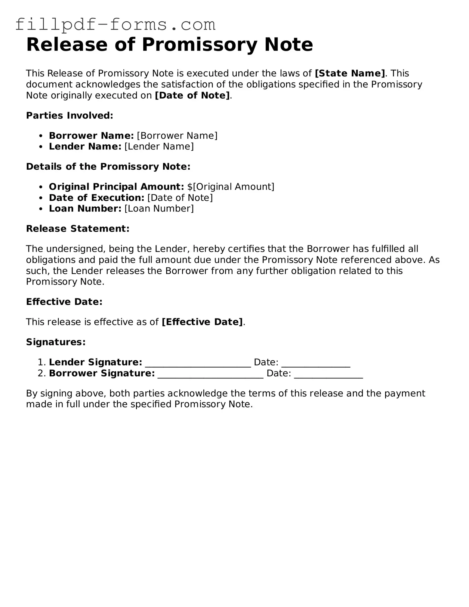 Fillable Release of Promissory Note Template