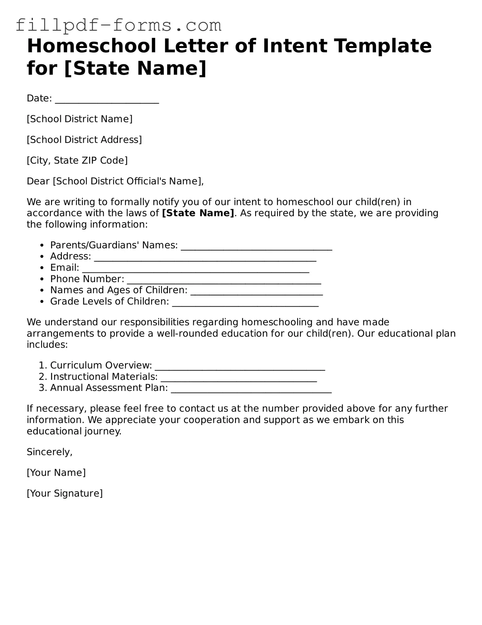 Fillable Homeschool Letter of Intent Template
