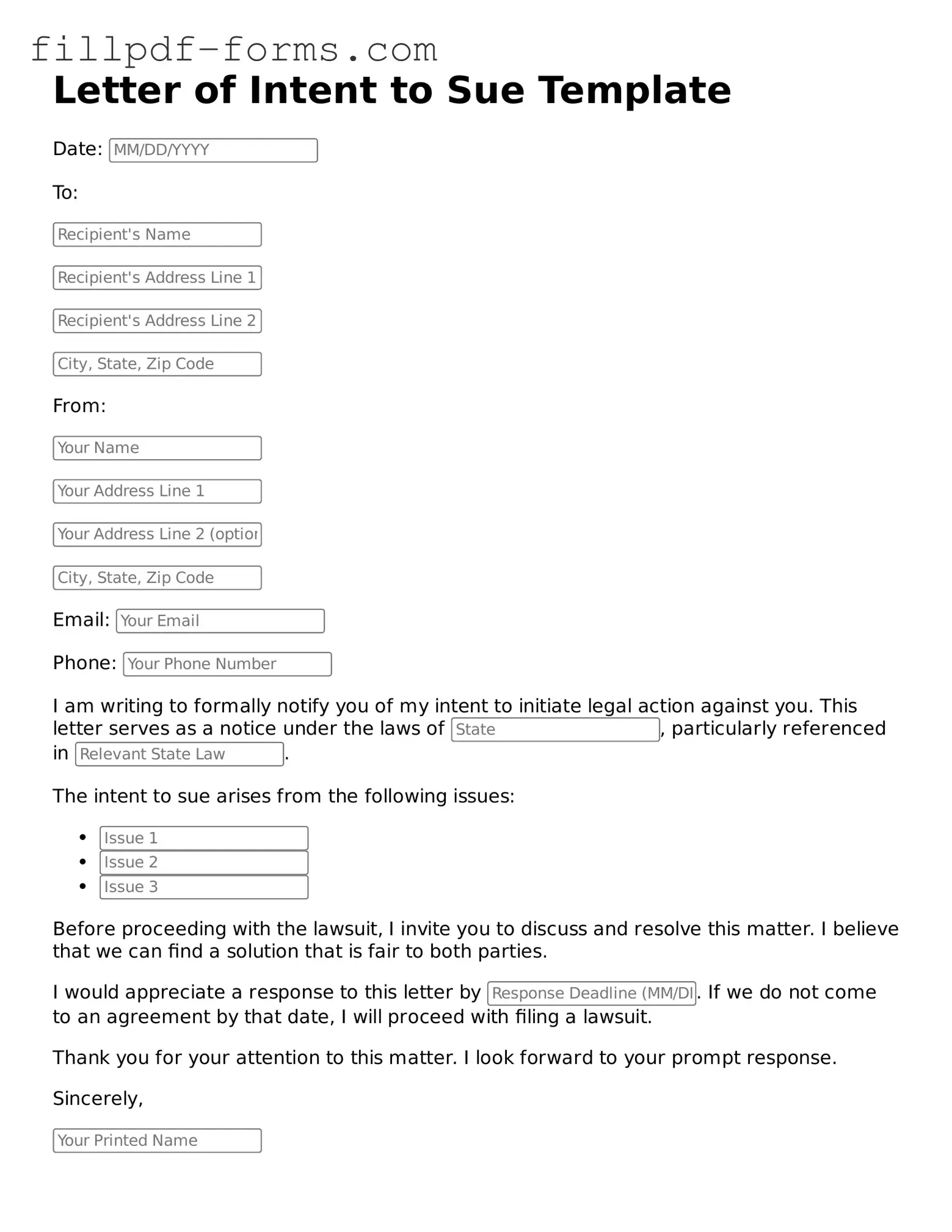 Fillable Letter of Intent to Sue Template