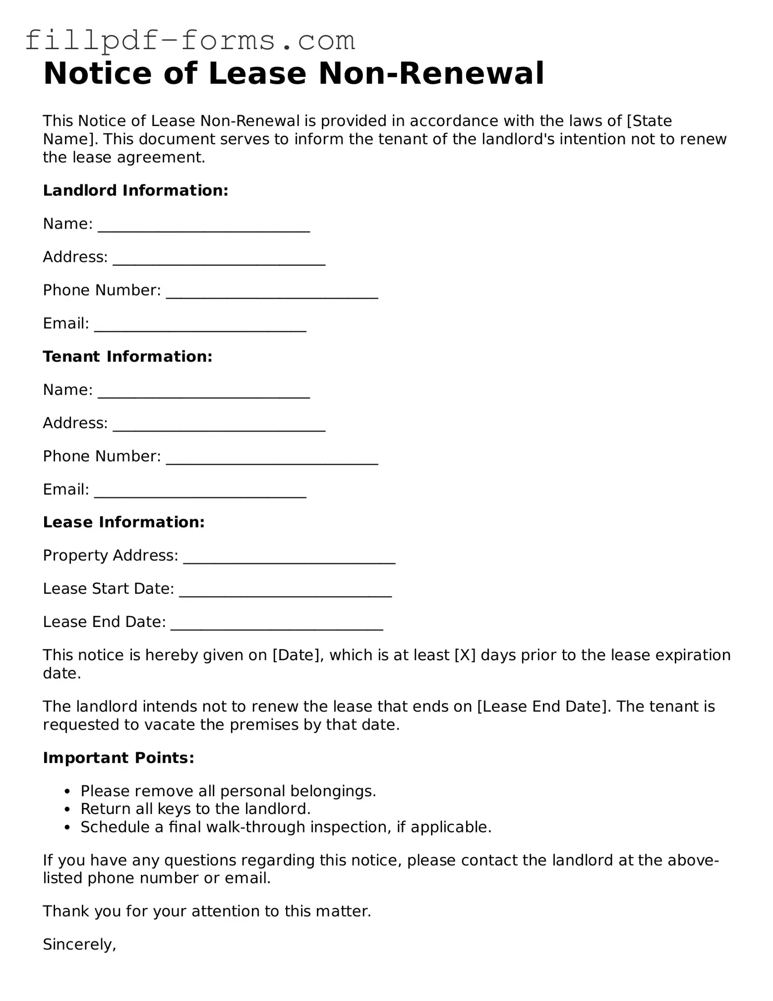 Fillable Notice of Lease Non-Renewal Template