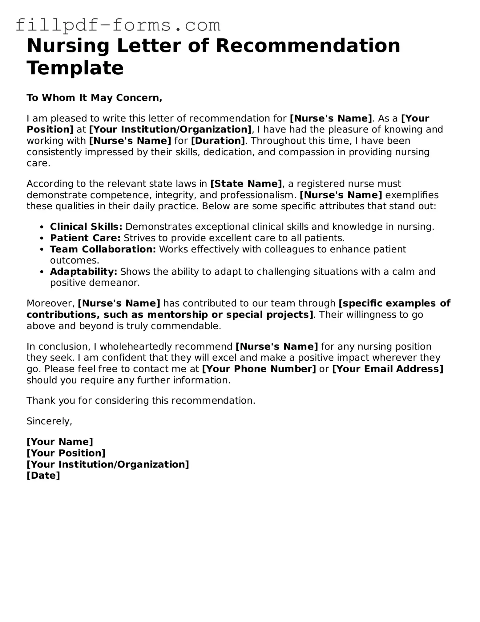 Fillable Nursing Letter of Recommendation Template