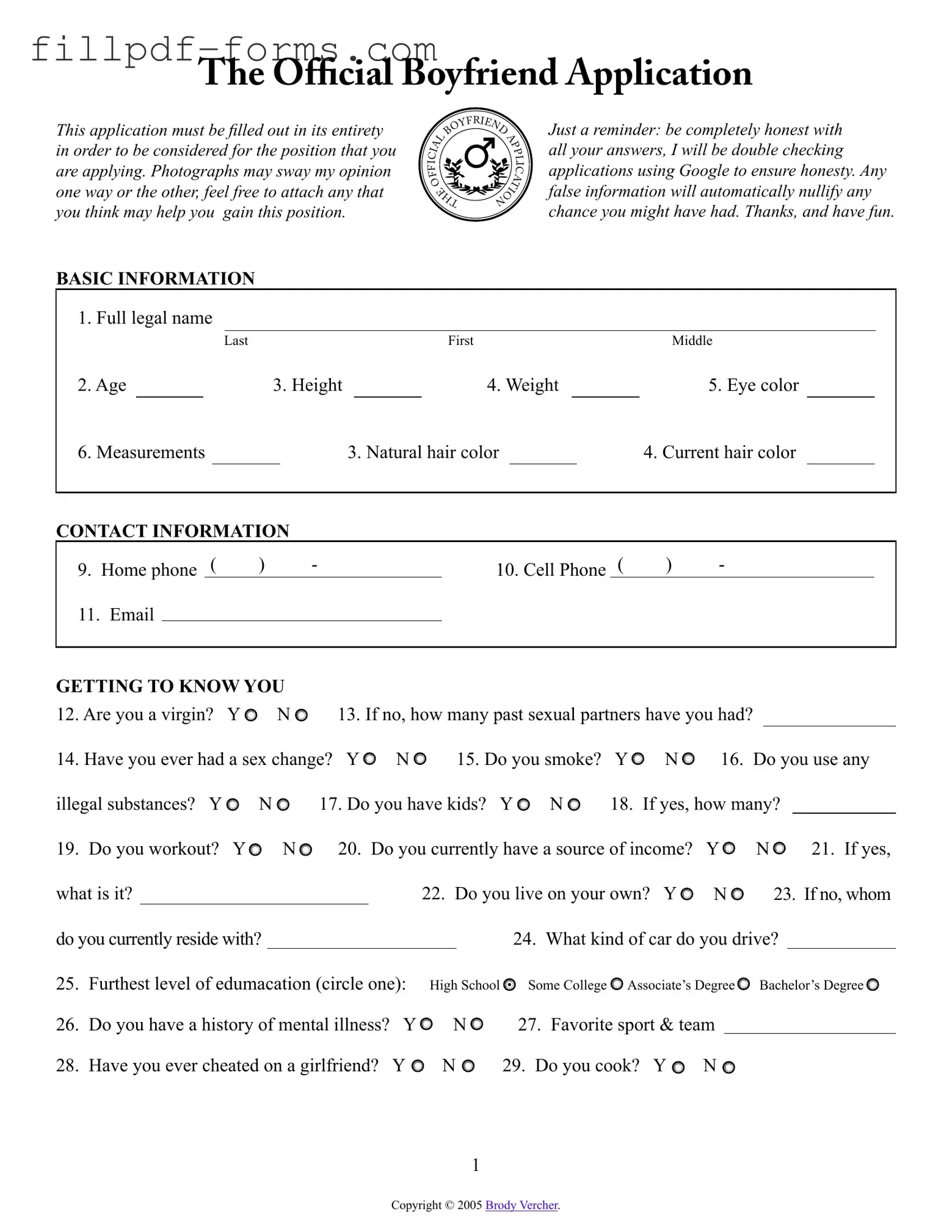 Boyfriend application form PDF Form