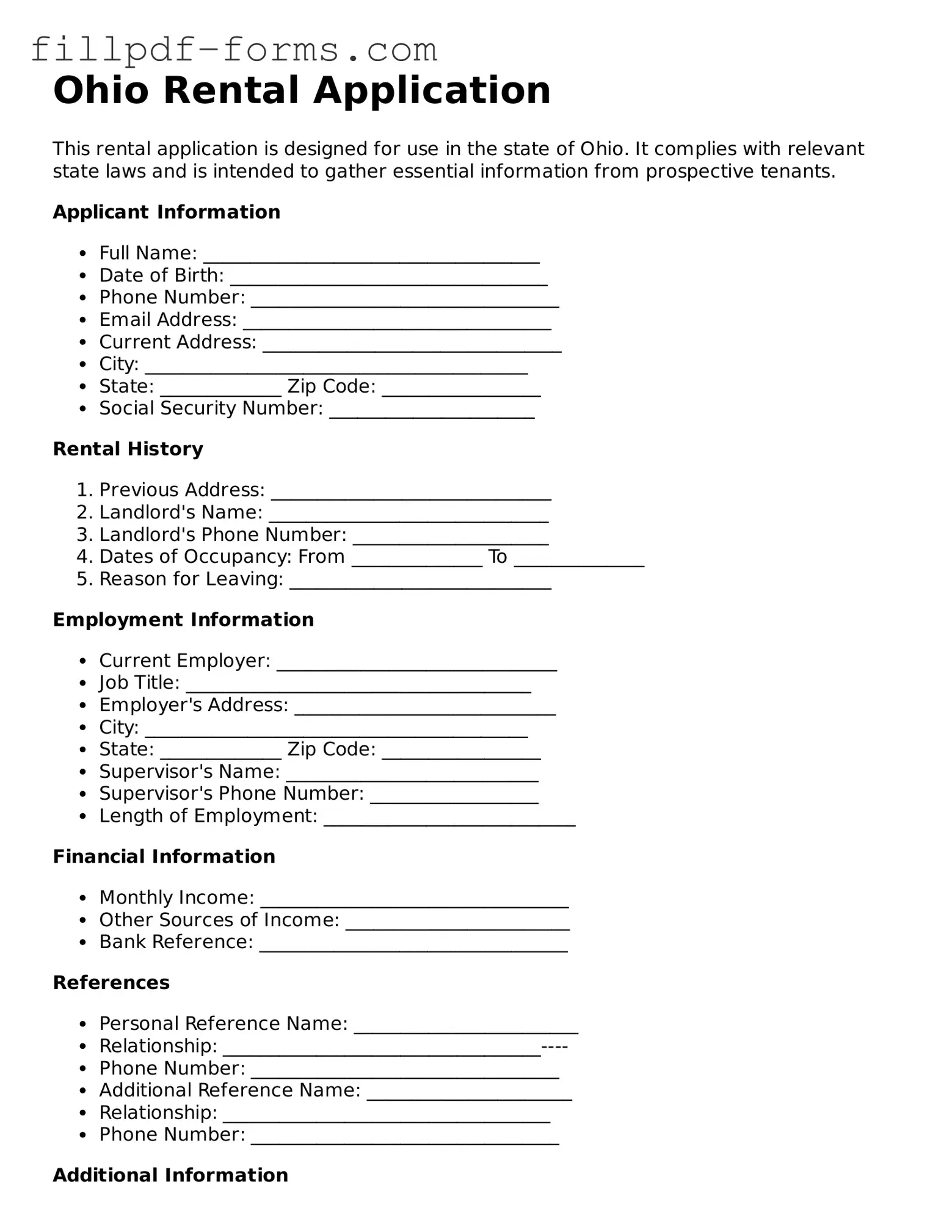 Fillable Rental Application Template for the State of Ohio