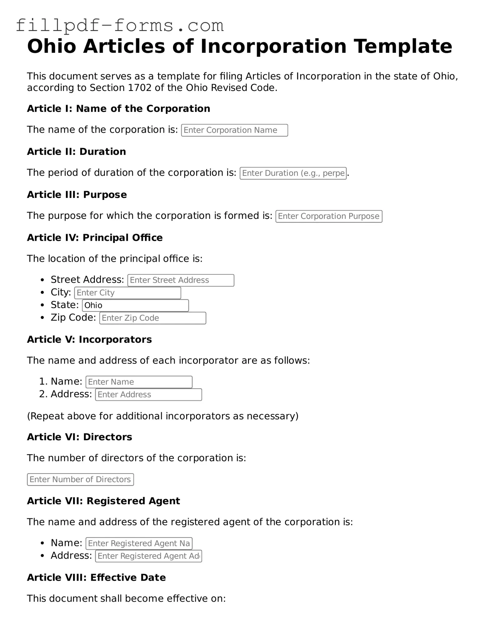 Fillable Articles of Incorporation Template for the State of Ohio