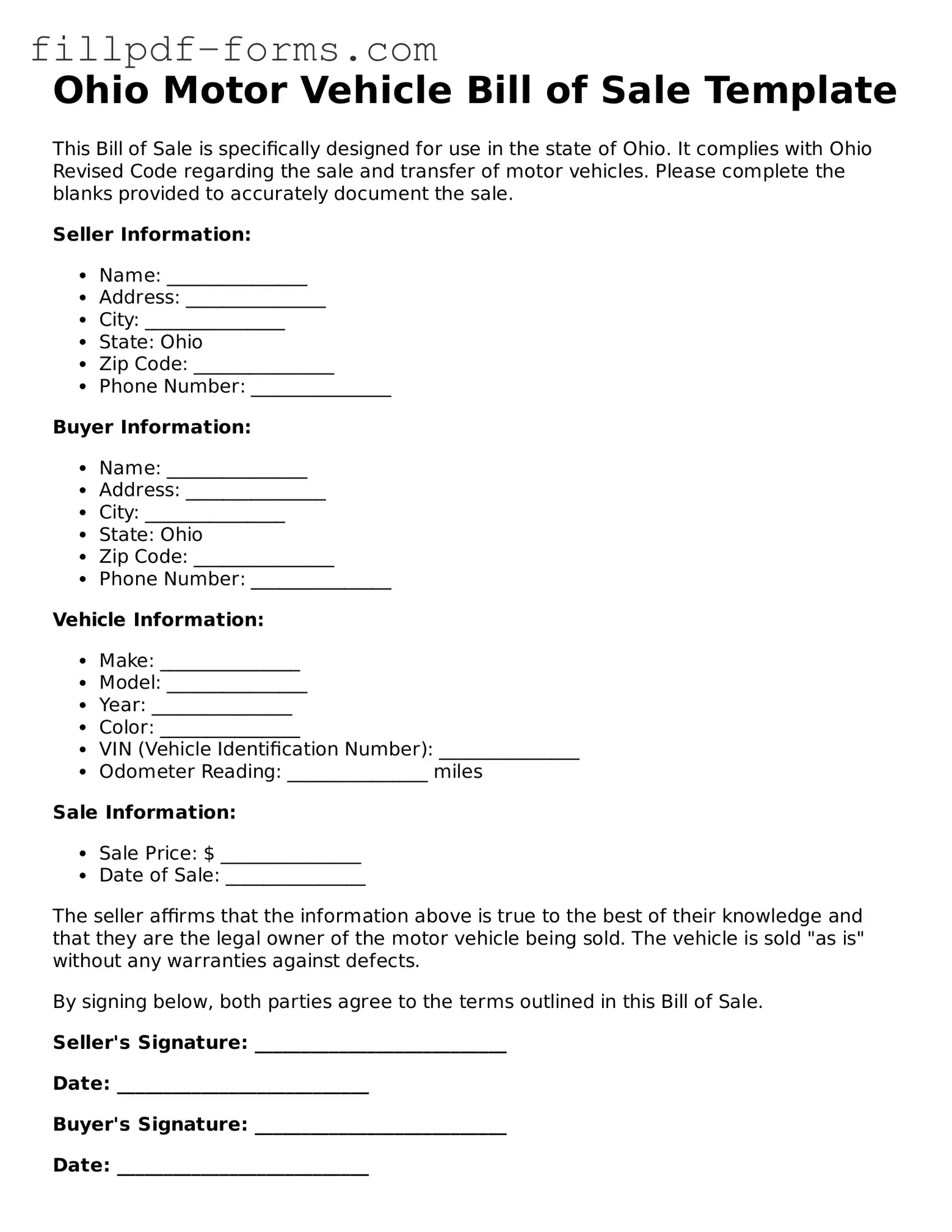 Fillable Motor Vehicle Bill of Sale Template for the State of Ohio