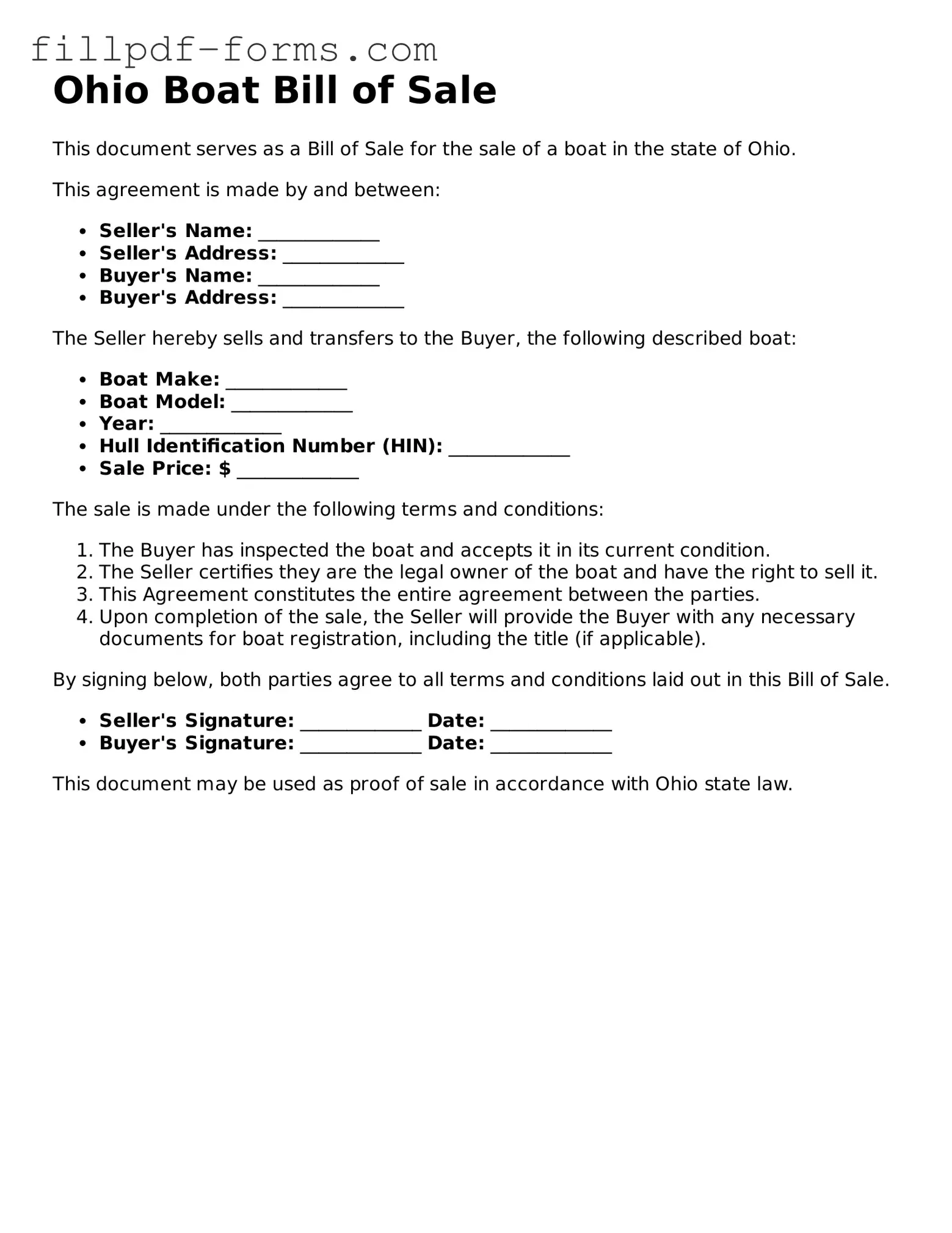 Fillable Boat Bill of Sale Template for the State of Ohio