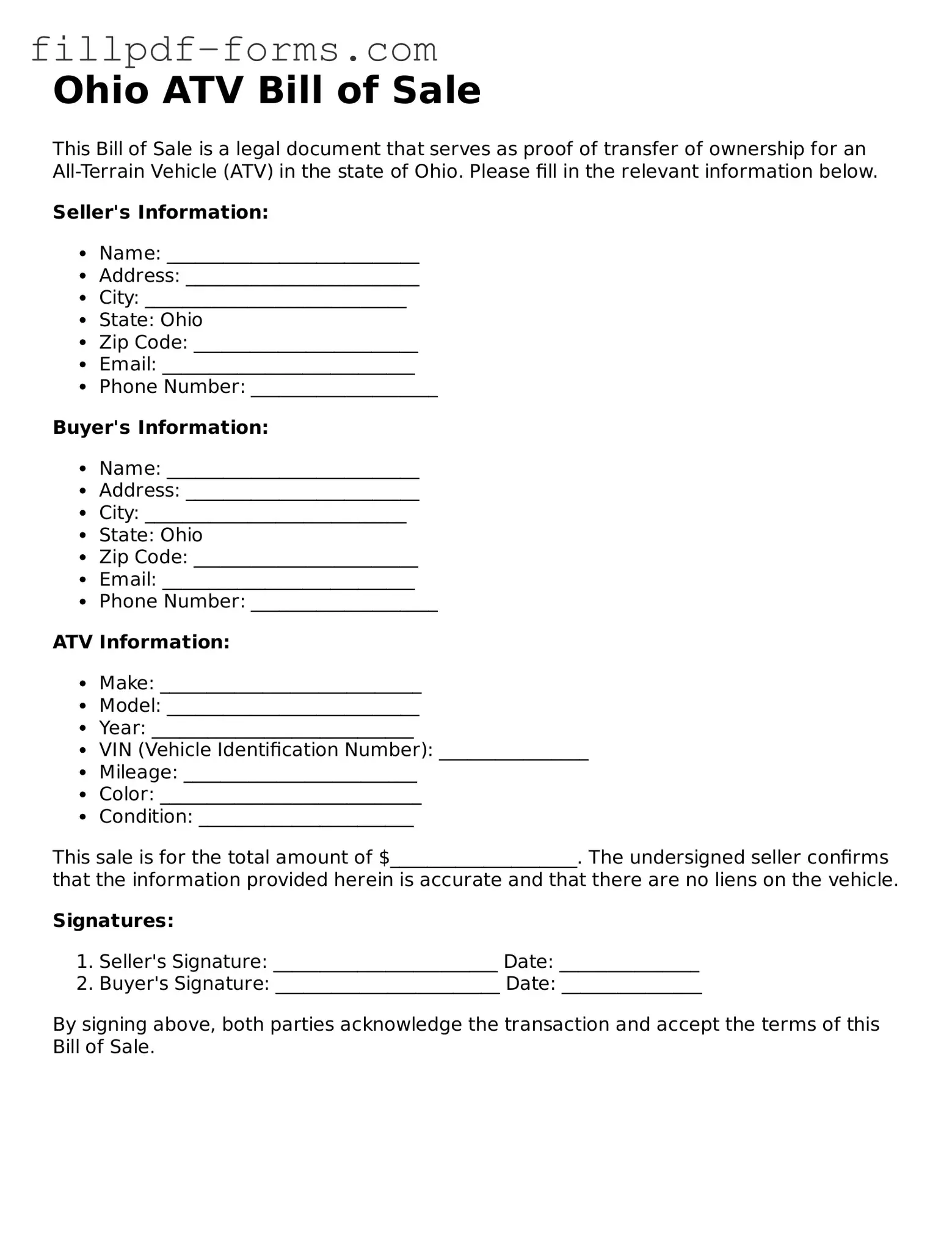 Fillable ATV Bill of Sale Template for the State of Ohio