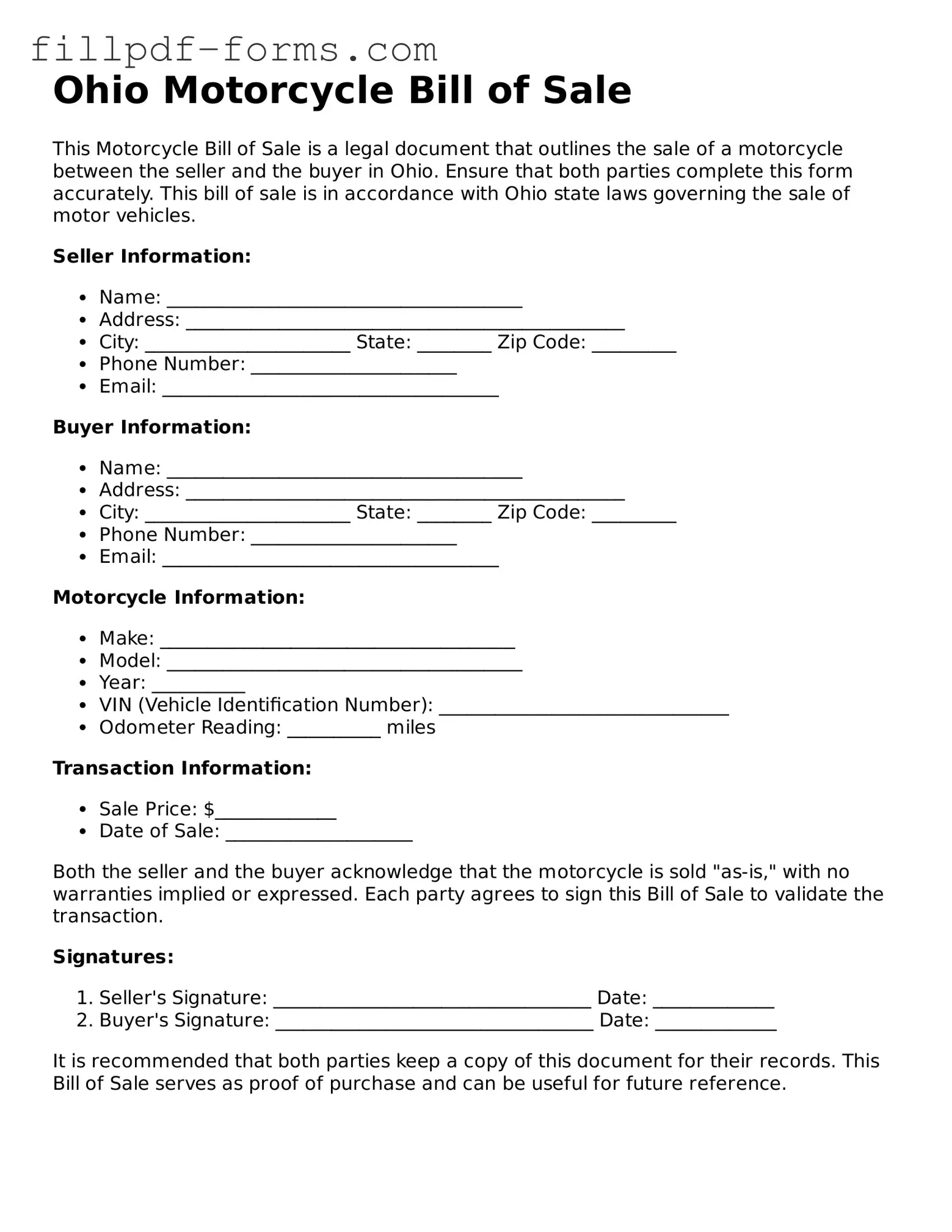Fillable Motorcycle Bill of Sale Template for the State of Ohio
