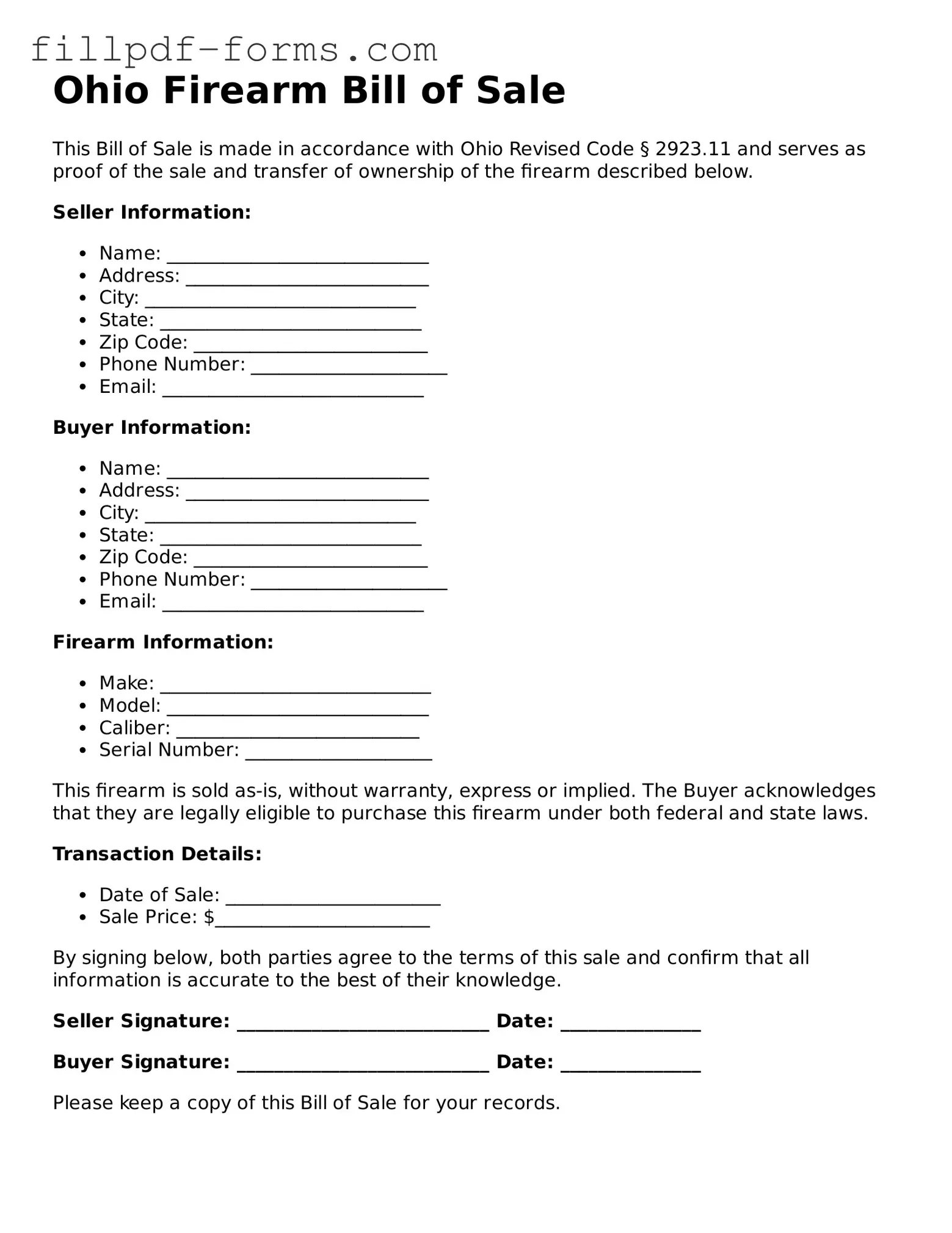 Fillable Firearm Bill of Sale Template for the State of Ohio