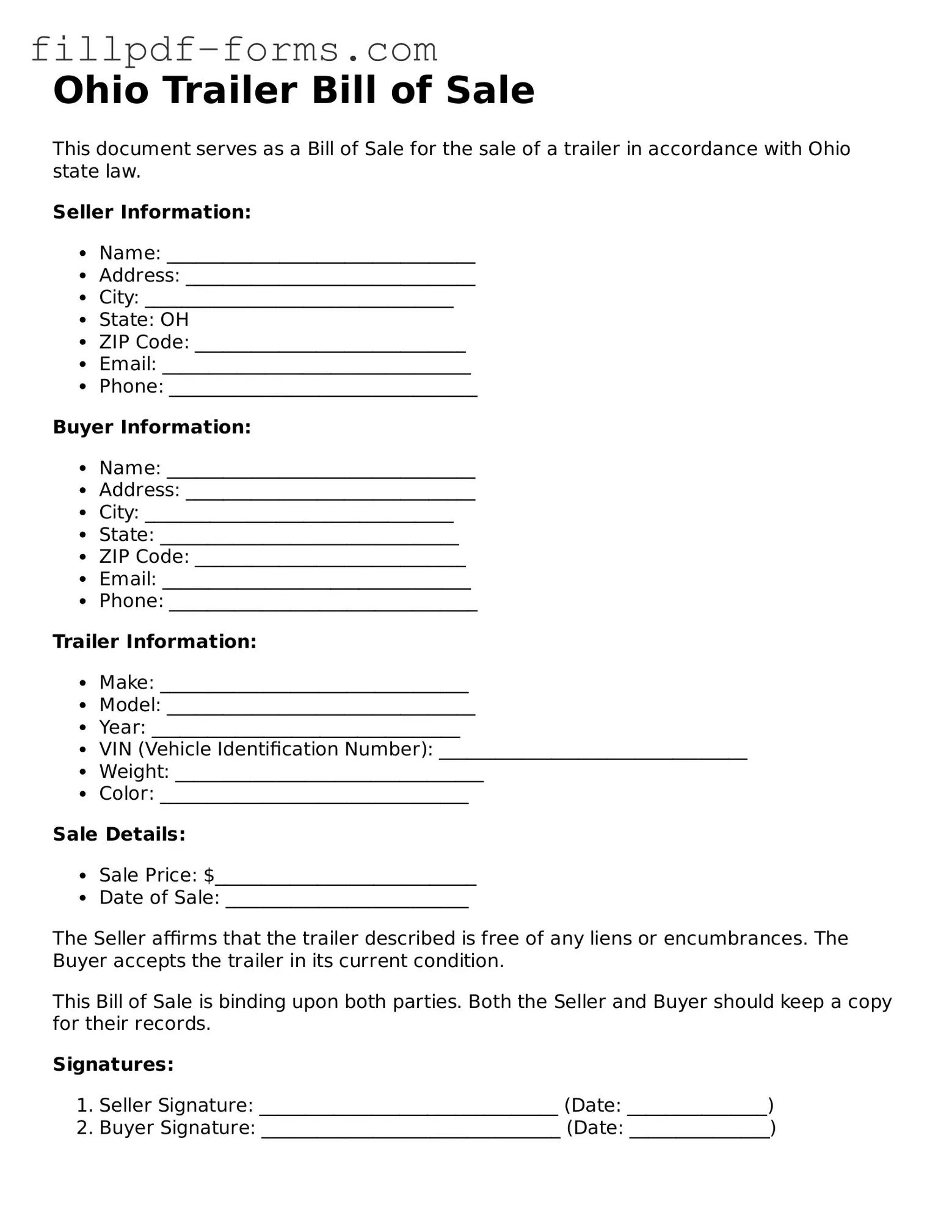 Fillable Trailer Bill of Sale Template for the State of Ohio