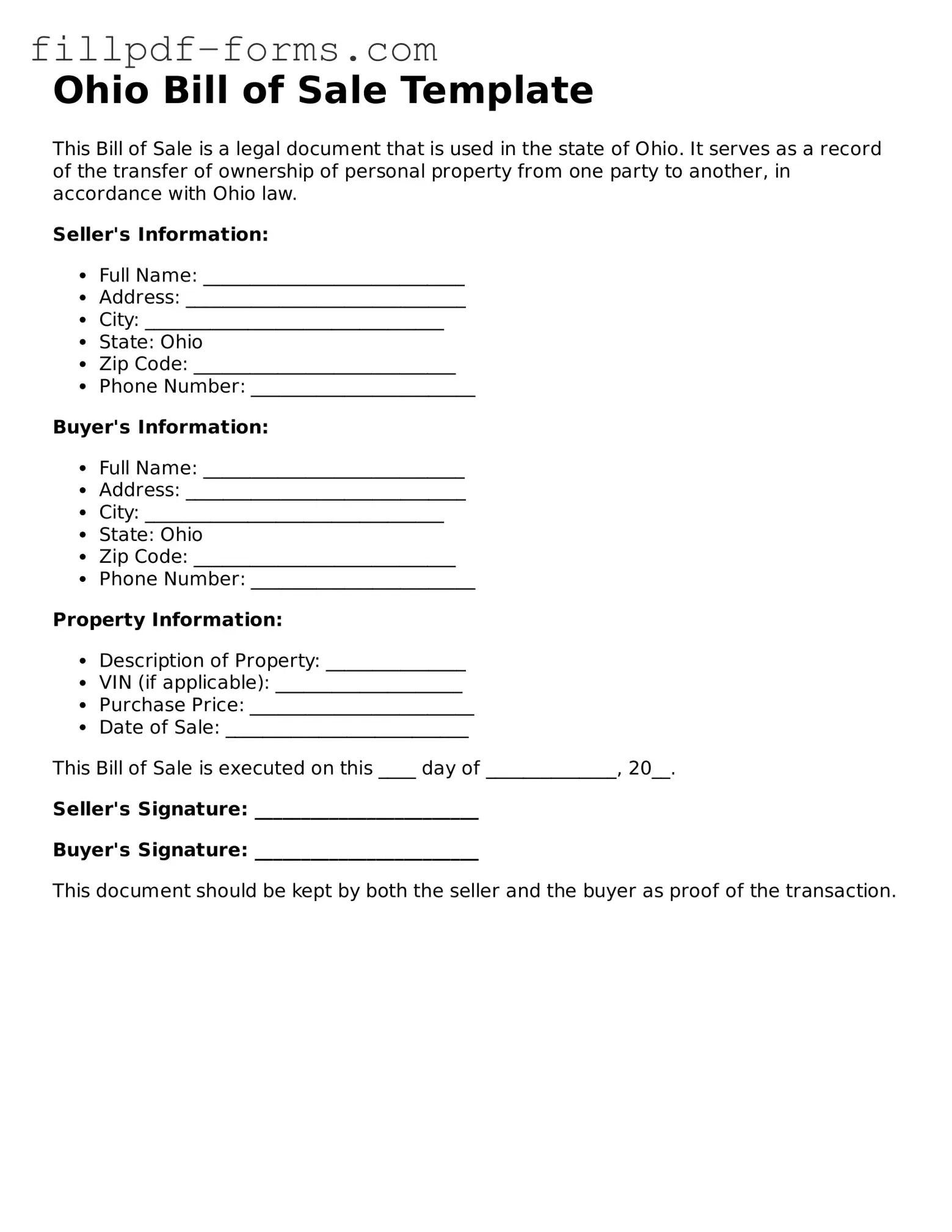 Fillable Bill of Sale Template for the State of Ohio