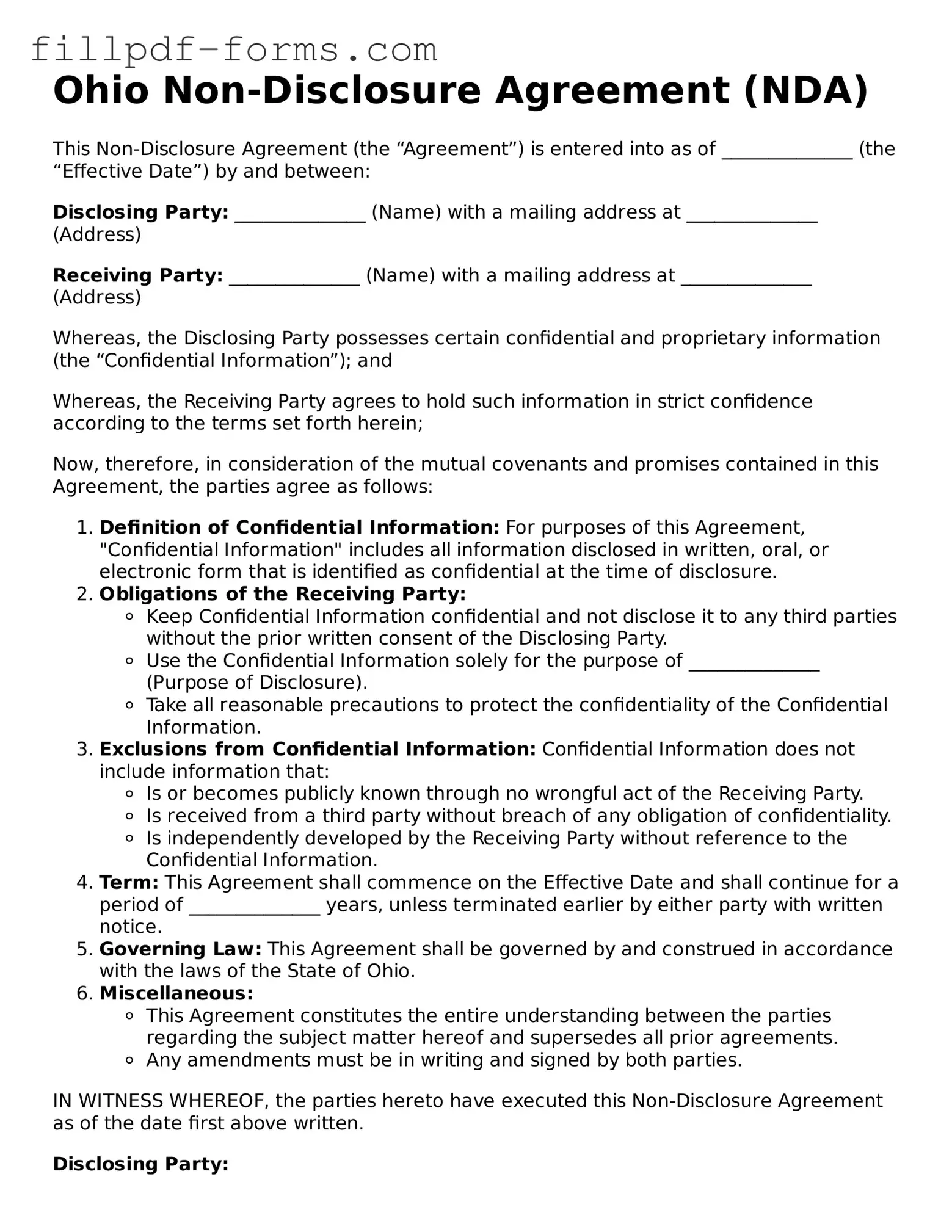 Fillable Non-disclosure Agreement Template for the State of Ohio