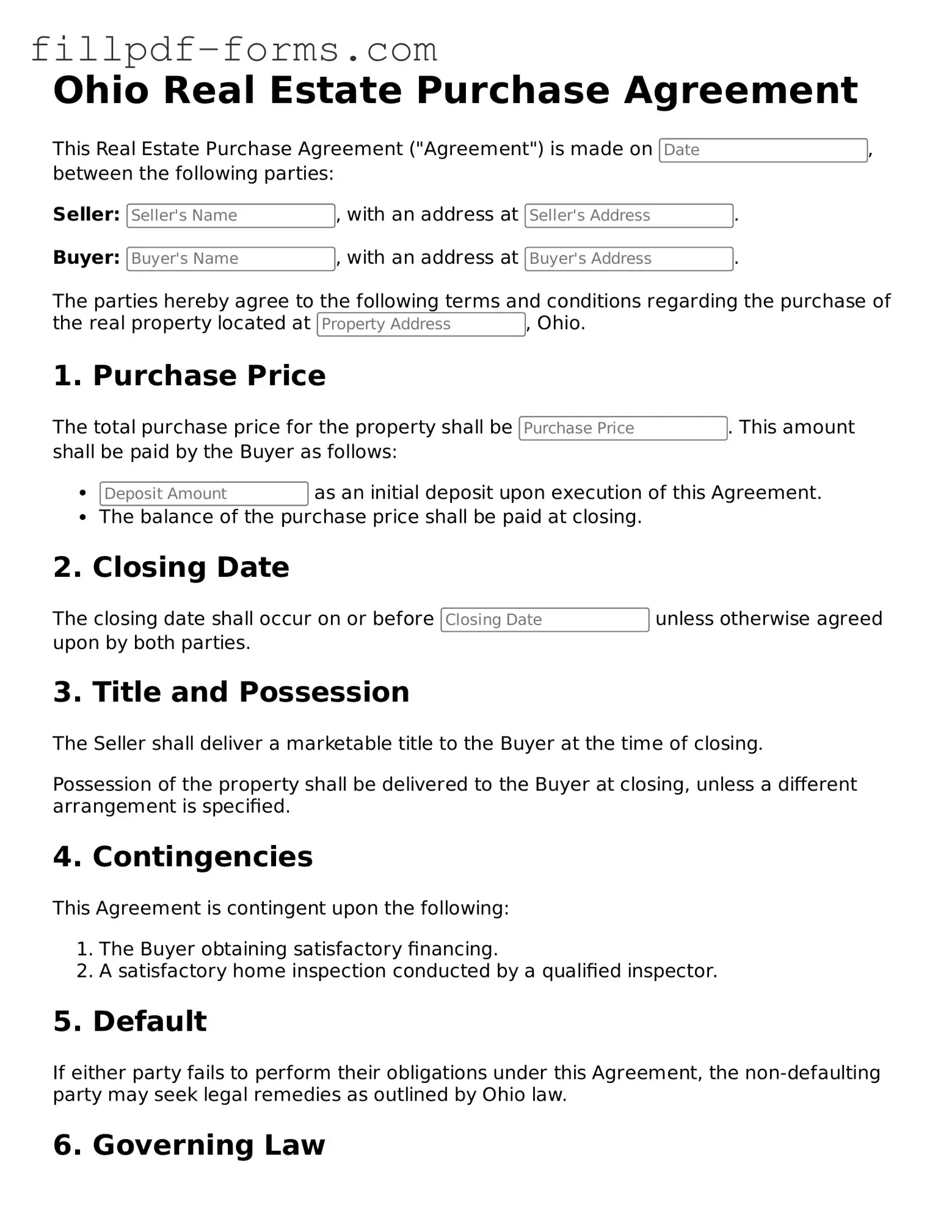 Fillable Real Estate Purchase Agreement Template for the State of Ohio