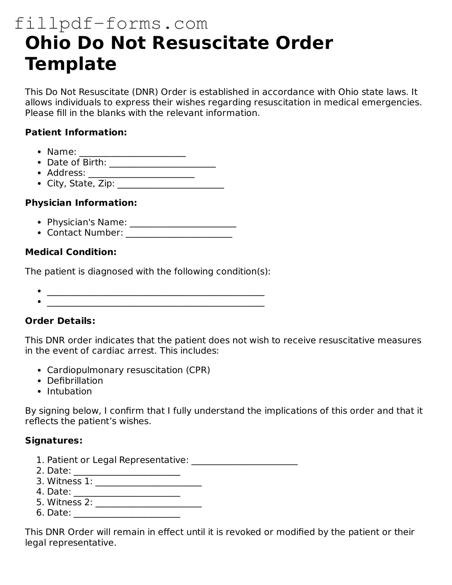 Fillable Do Not Resuscitate Order Template for the State of Ohio