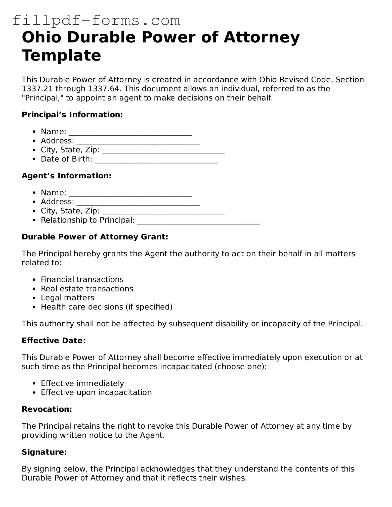Fillable Durable Power of Attorney Template for the State of Ohio