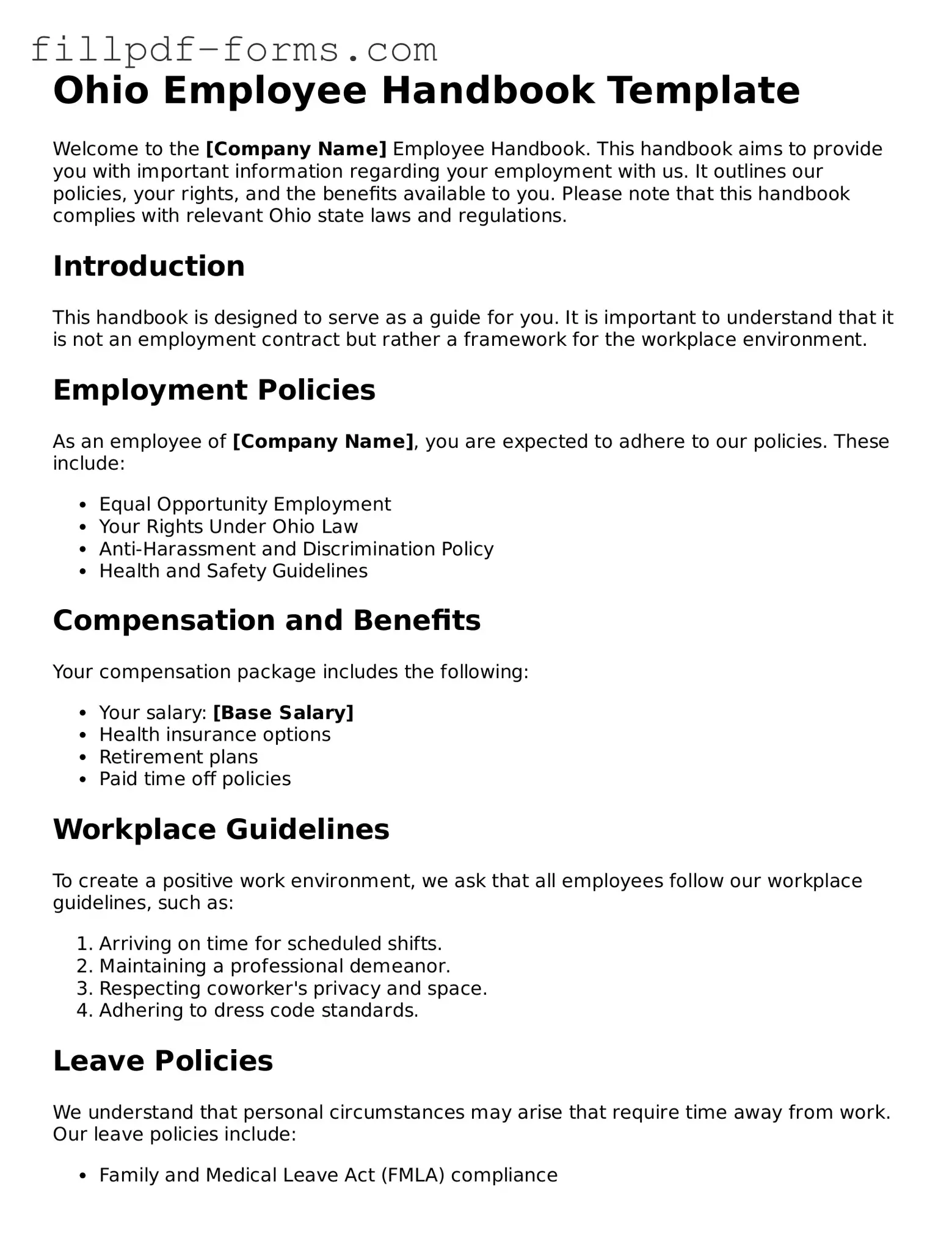 Fillable Employee Handbook Template for the State of Ohio