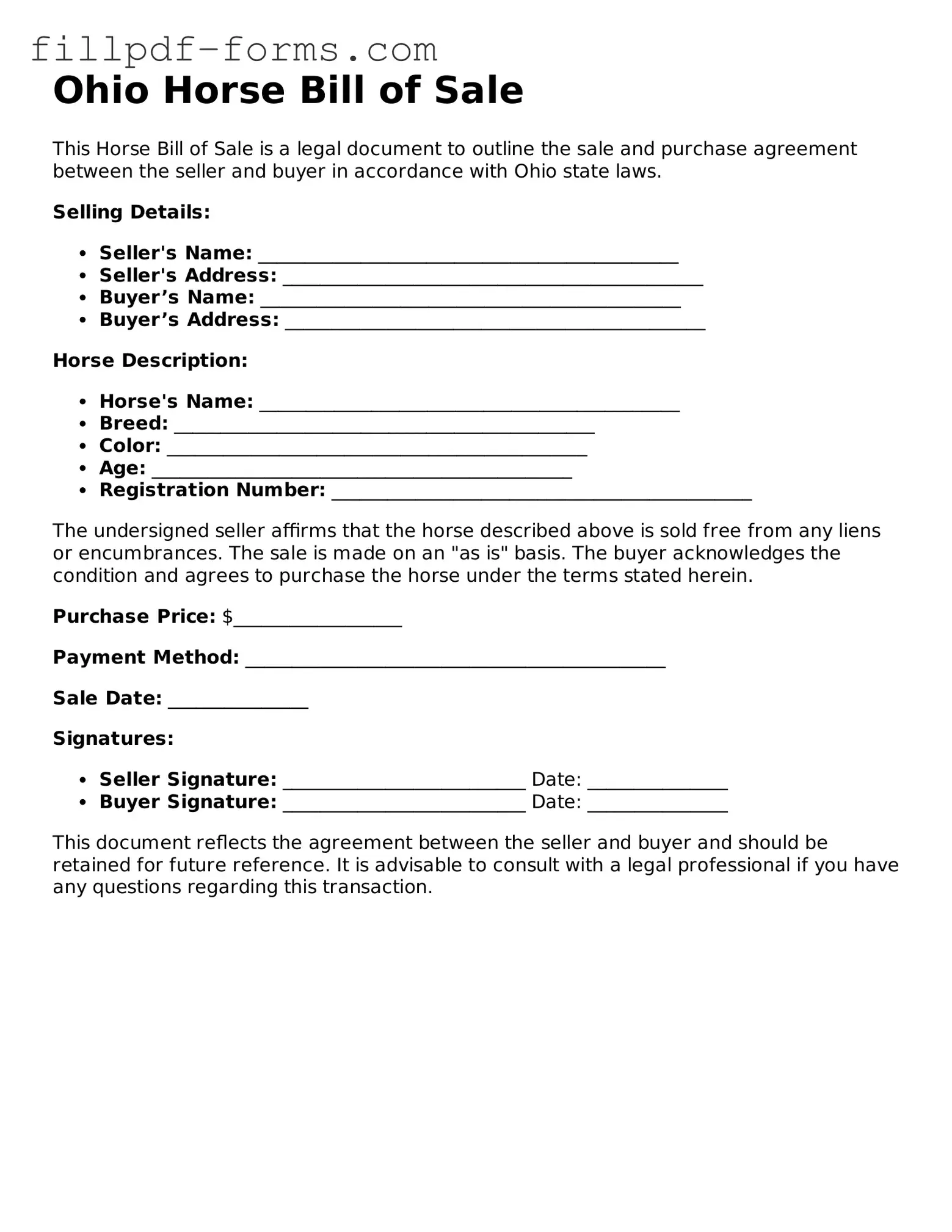 Fillable Horse Bill of Sale Template for the State of Ohio