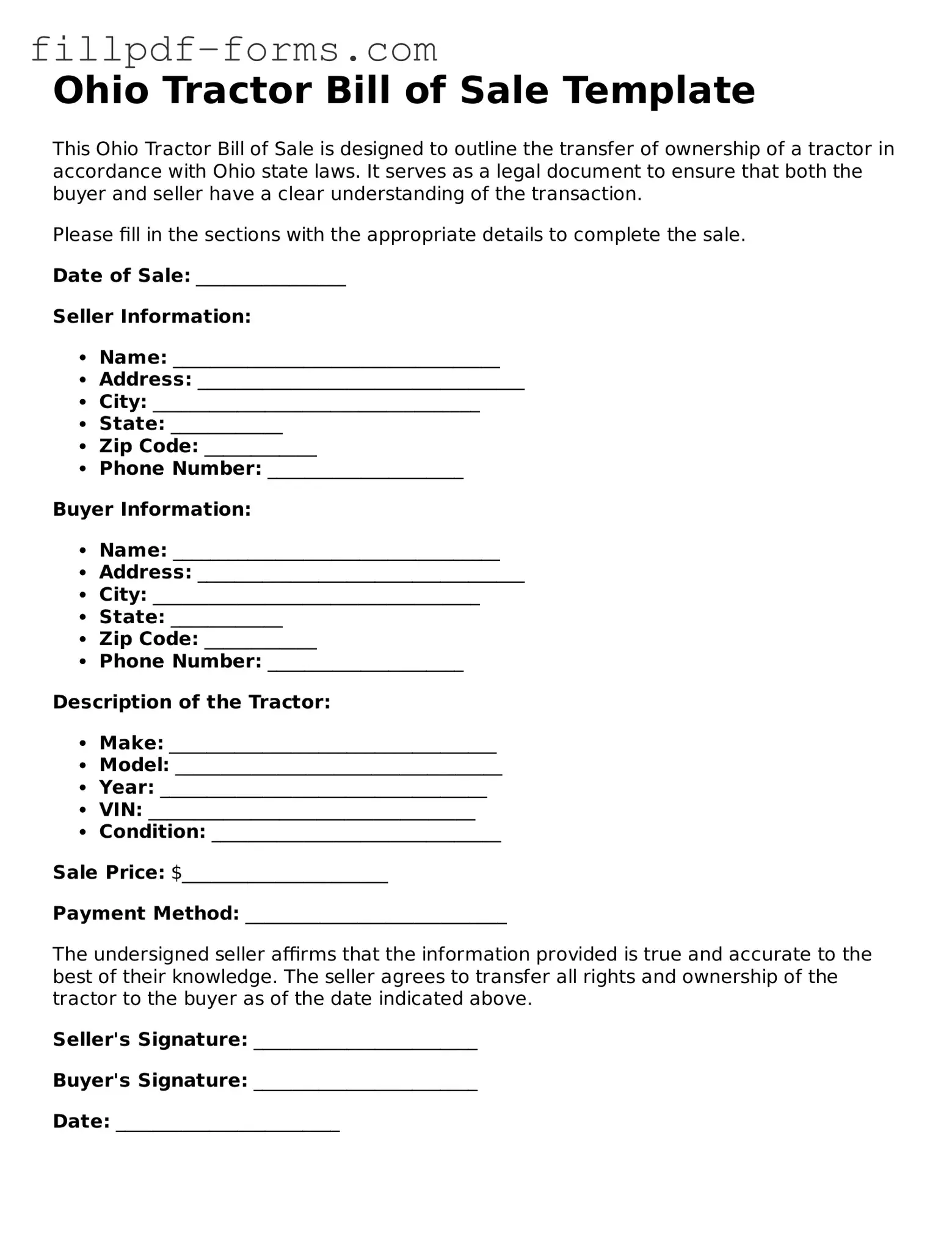 Fillable Tractor Bill of Sale Template for the State of Ohio