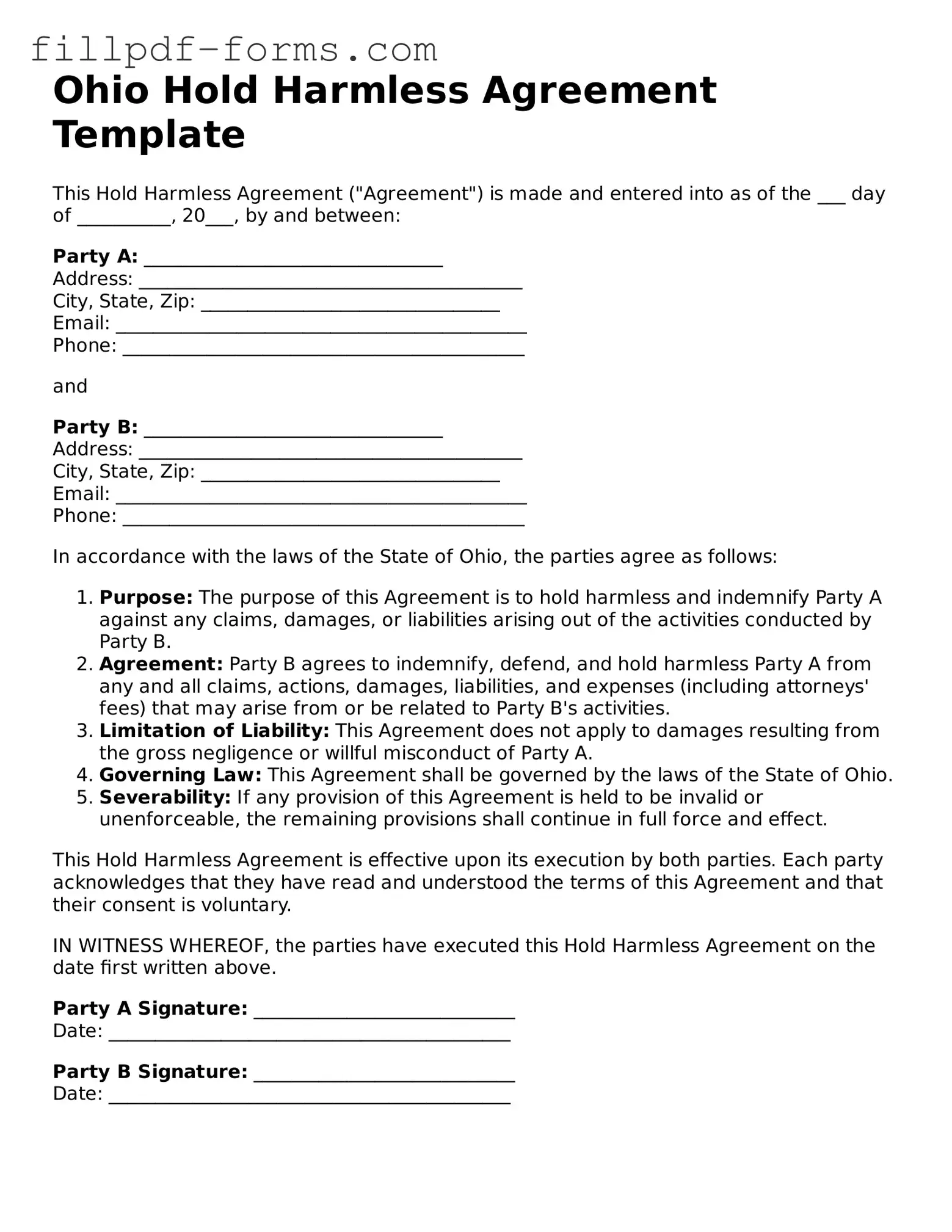 Fillable Hold Harmless Agreement Template for the State of Ohio