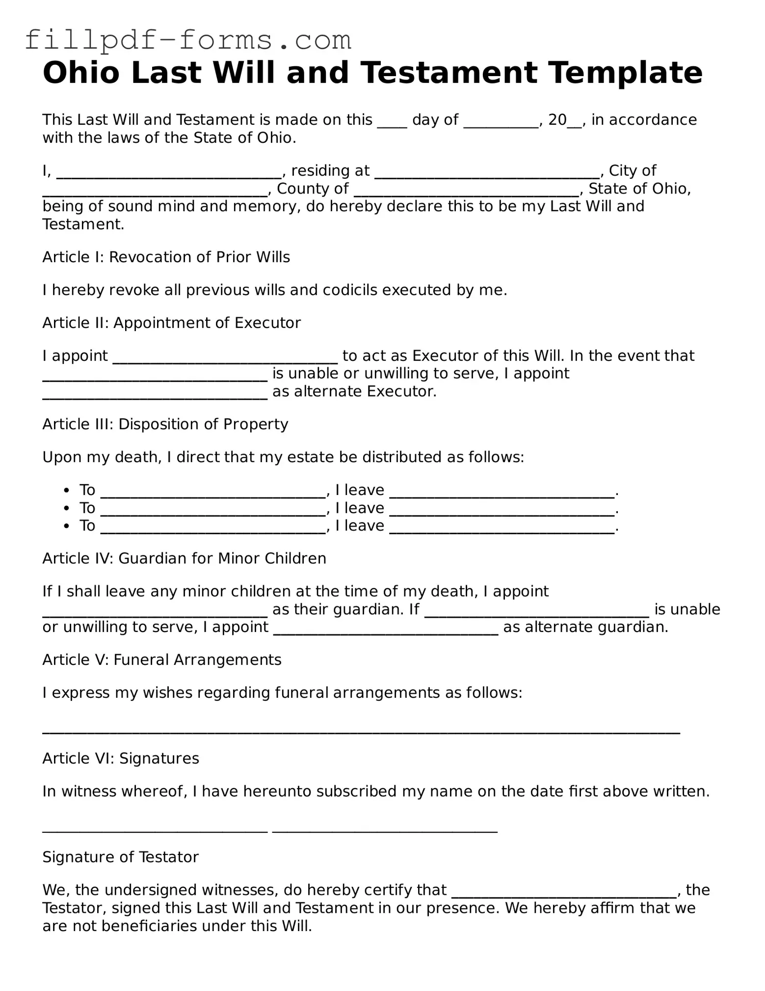 Fillable Last Will and Testament Template for the State of Ohio