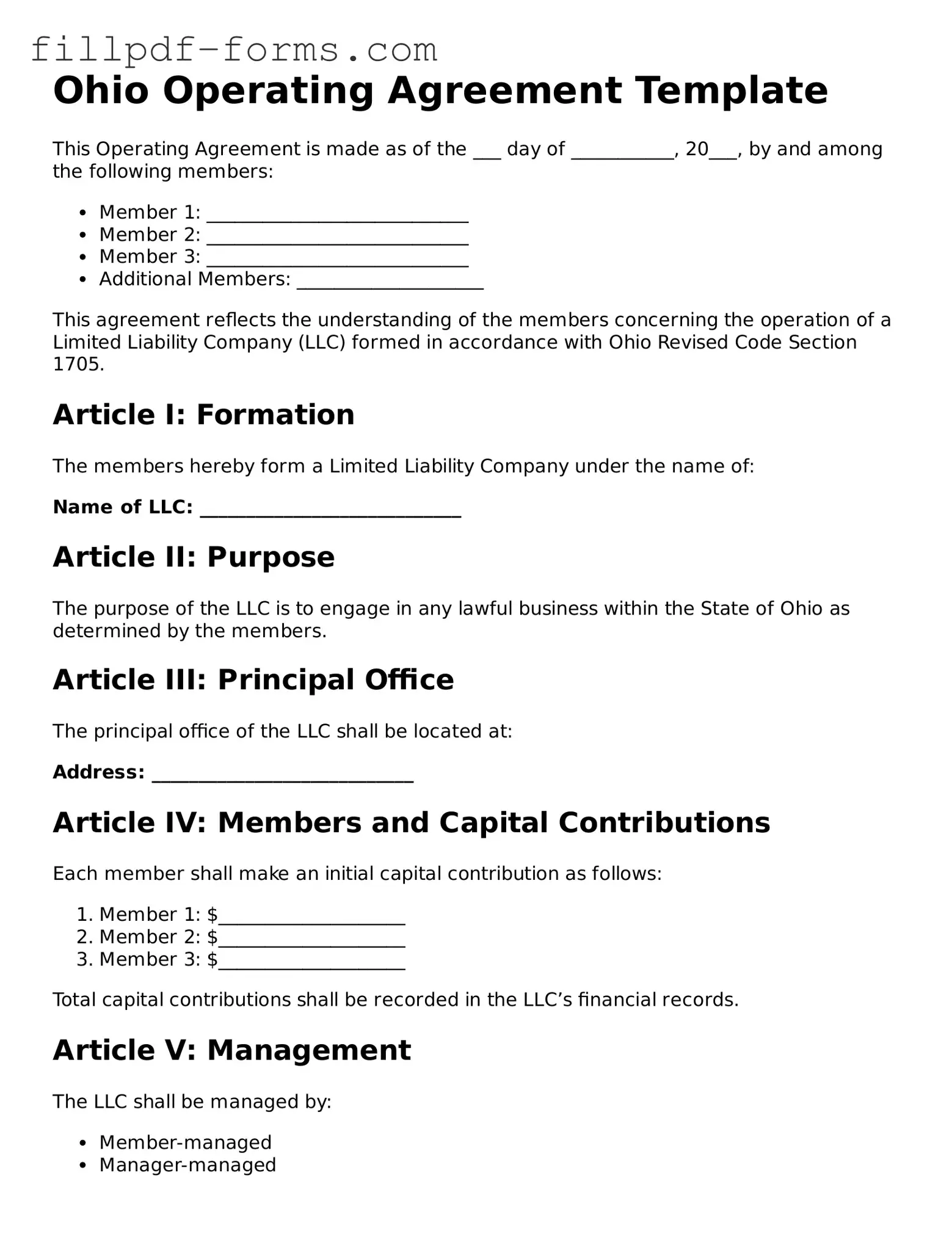 Fillable Operating Agreement Template for the State of Ohio